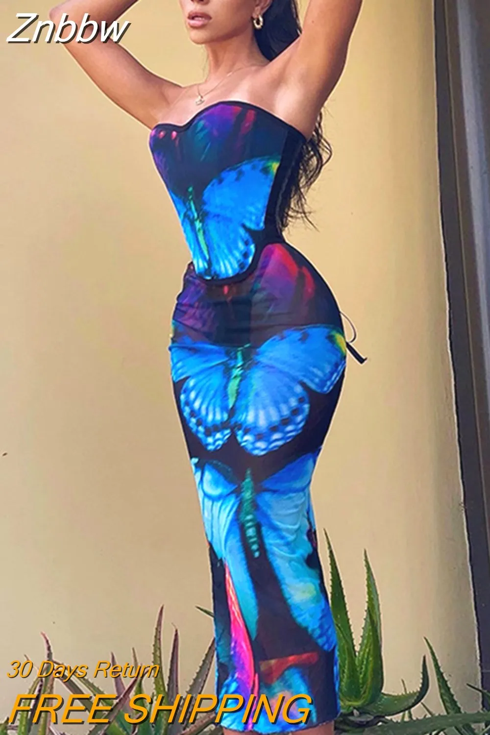 Znbbw Women 2023 Summer Butterfly Mesh Tube Tops Midi Skirt Two Piece Sets See Through Outfits Wholesale Items For Business