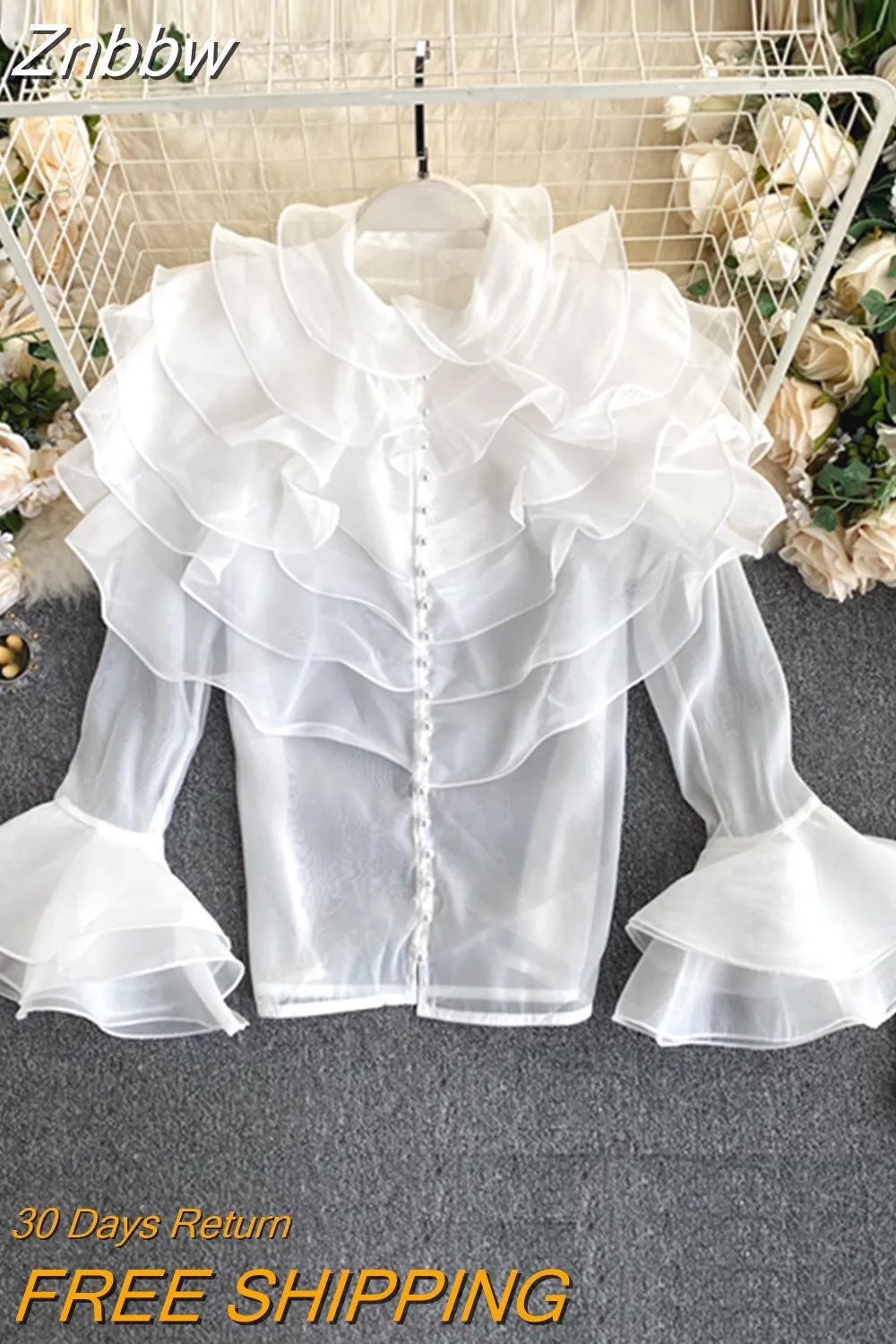 Znbbw Women's Spring Autumn Shirt Sexy Multi-layered Ruffles Blouse O-Neck Buttons Slim Fit Flare Sleeve Top Female Blusa GX1053