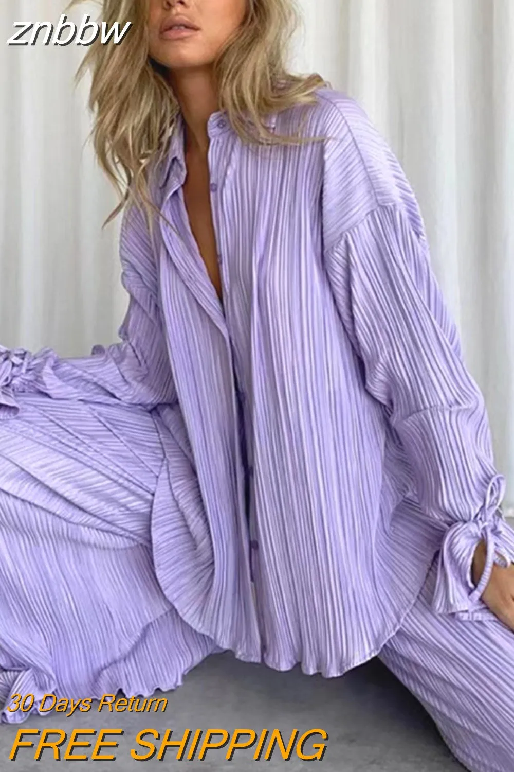 znbbw Women Pleated 2 Piece Sets Long Sleeve Blouse Tops And Split Wide Leg Pant Suit Female Fashion Casual Loose Homewear Outfit