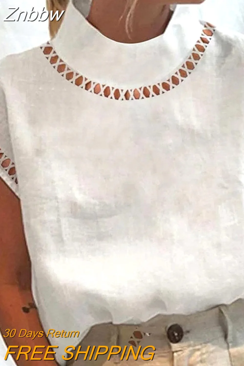 Znbbw Women Solid Hollow Out Tops Summer Turtleneck Cotton Linen Breathable Blouses Casual Loose Short Sleeve Office Shirt Pullover - Image 5