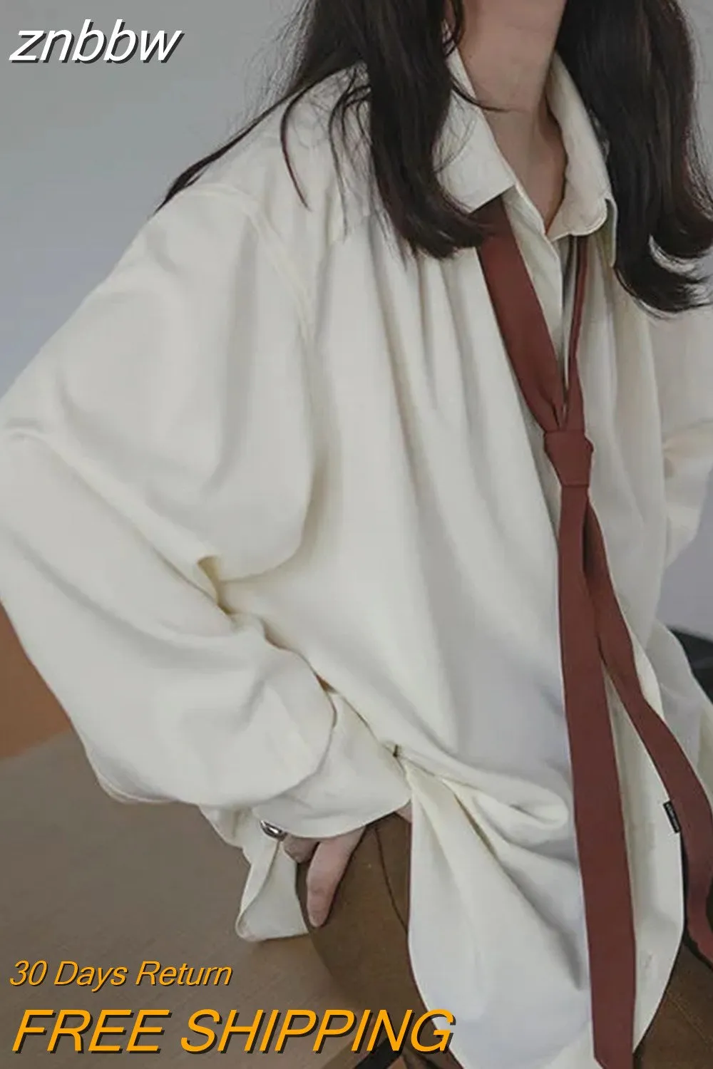 znbbw 2023 Spring Minimalist Long Sleeve Button Up Shirt Women Korean Style Solid Tie Oversize Shirts Blouse Loose Clothes Tops - Image 2