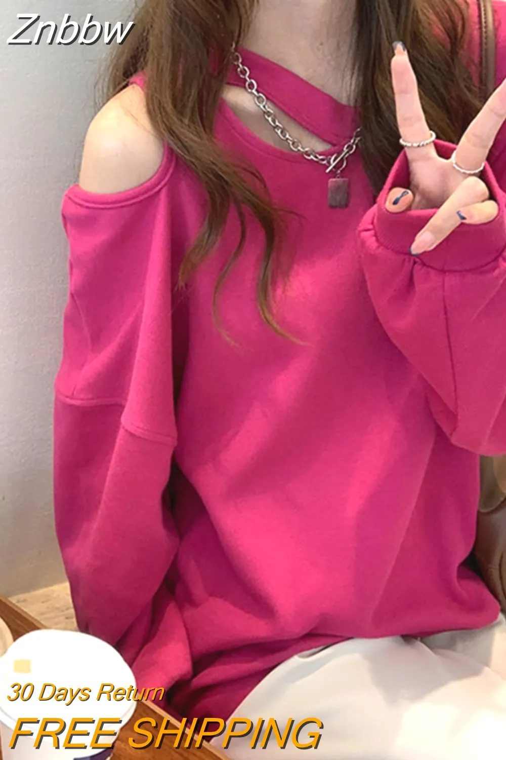 Znbbw Y2K Korean Style Pink Hoodies Women Sexy Off Shoulder Sweatshirts Green Loose Hollow Out All-match Crewneck Tops E-girl