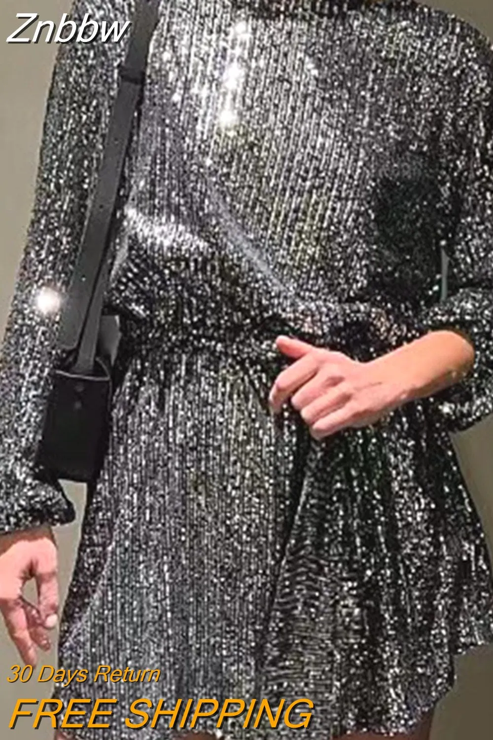 Znbbw Autumn Fashion Light Gold Sequined Gitter Sexy Bodycon Mini Dress Women O Neck Long Sleeve Lace Up Evening Party Dresses - Image 6