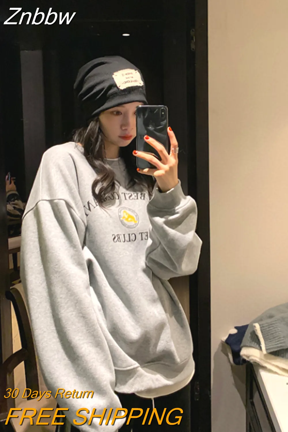 Znbbw Women gray lettering pullover sweater Autumn/Winter 2023 trend loose oversized long sleeve youth style round neck top