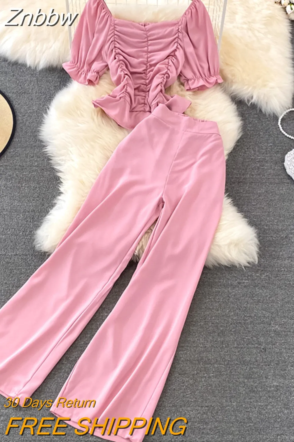 Znbbw Women Summer Fashion Casual Pants, High Waist Drape Wide Leg Pants, Square Collar Short Slim Blouse Two-piece Suit Female D0544 - Image 6