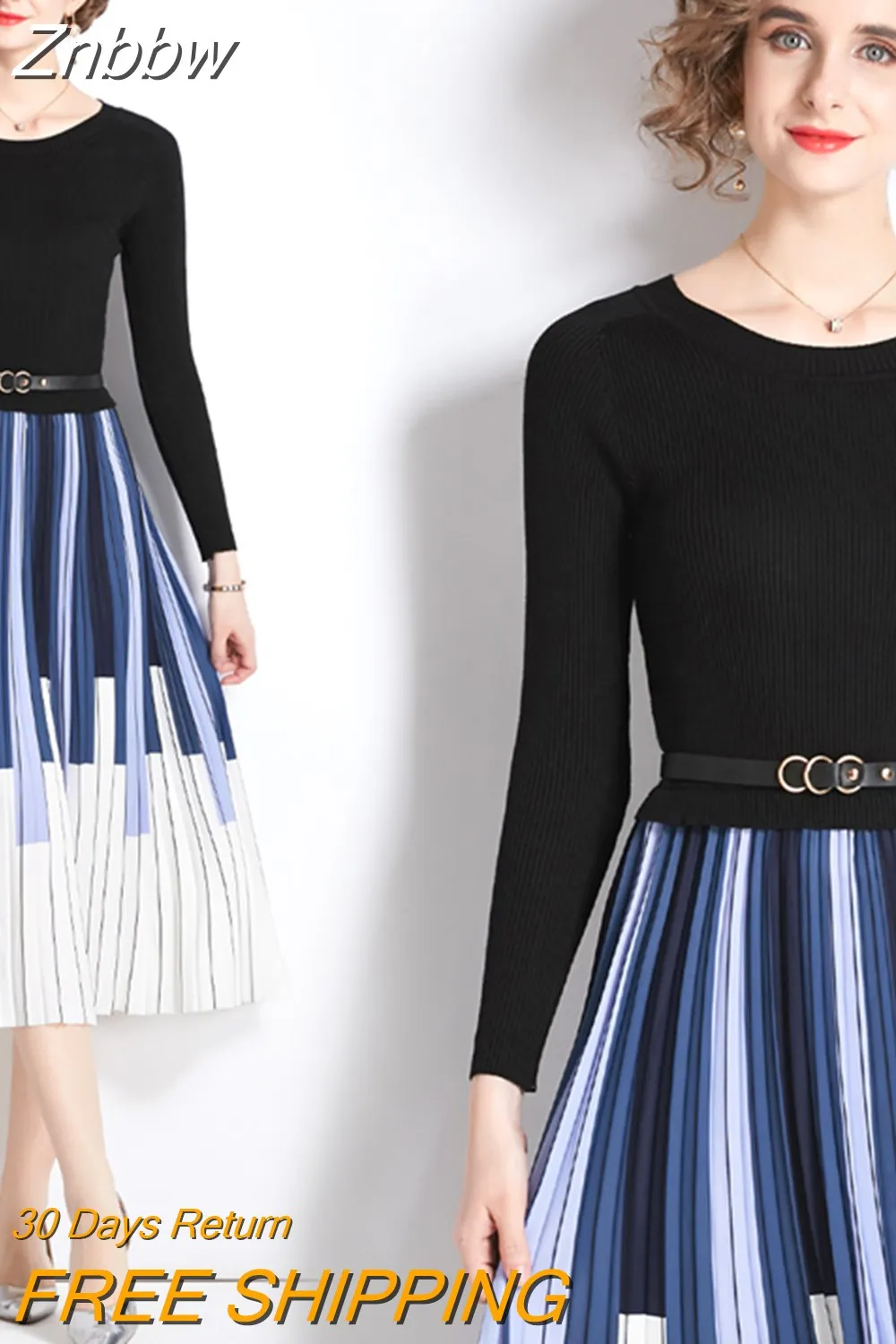 Znbbw Winter Elegant Knitted Patchwork Contrast Color Pleated Dress Women Long Sleeve Office Lady Sweater Dress With Belt - Image 8