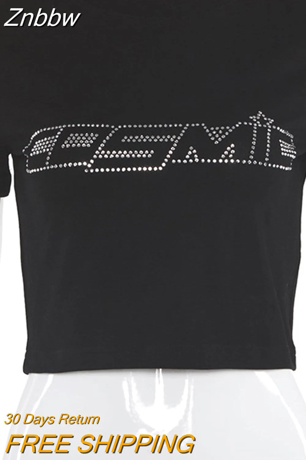 Znbbw Women Punk Vintage Rhinestone Cosmic Letters Tshirt Black Goth Clothes Summer Tops Harajuku O-neck Short Sleeve Crop Top T Shirt - Image 2