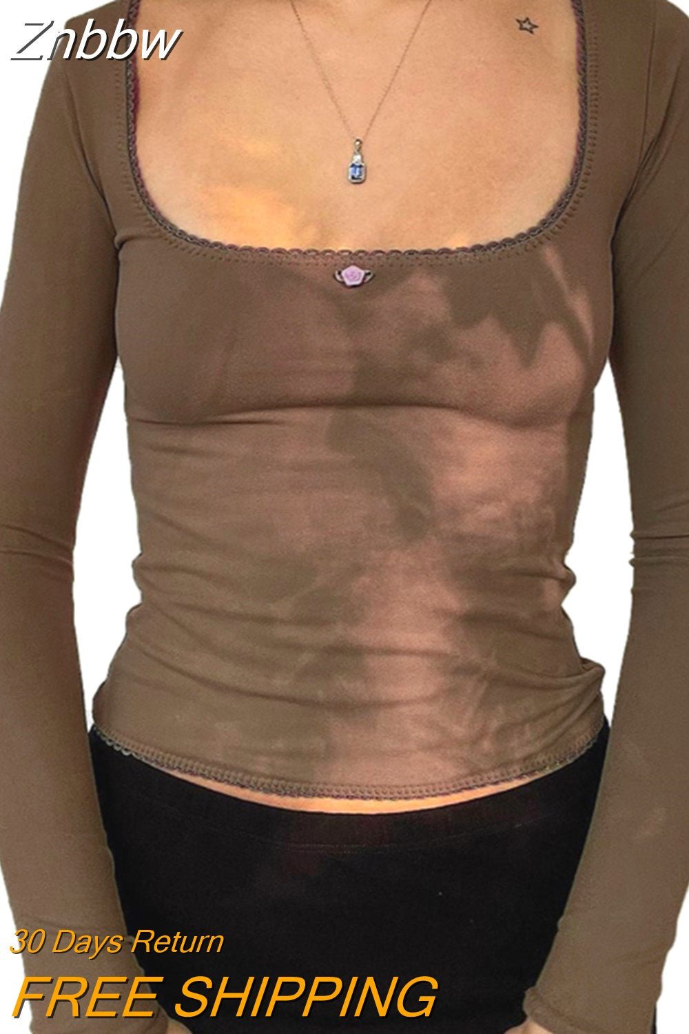 Znbbw y2k Floral Lace Crop Top Women's Square Neck Long Sleeve Top Basic T Shirt Vintage Full Sleeve Aesthetics Harajuku Tees - Image 4