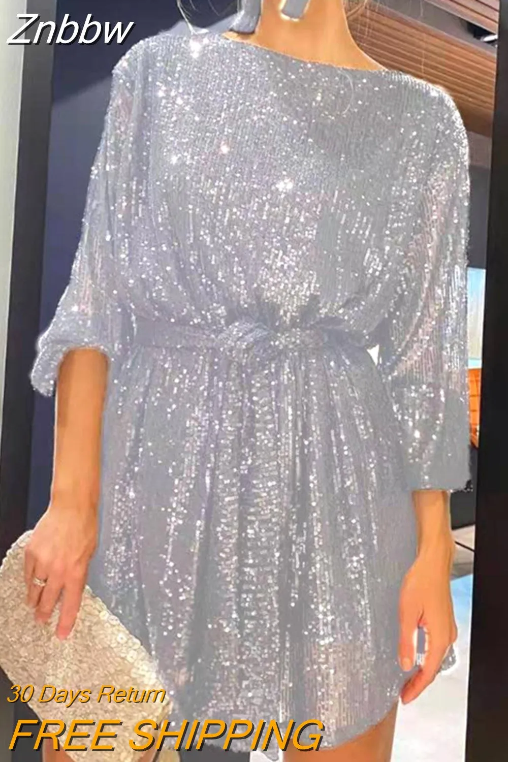 Znbbw Autumn Fashion Light Gold Sequined Gitter Sexy Bodycon Mini Dress Women O Neck Long Sleeve Lace Up Evening Party Dresses - Image 9