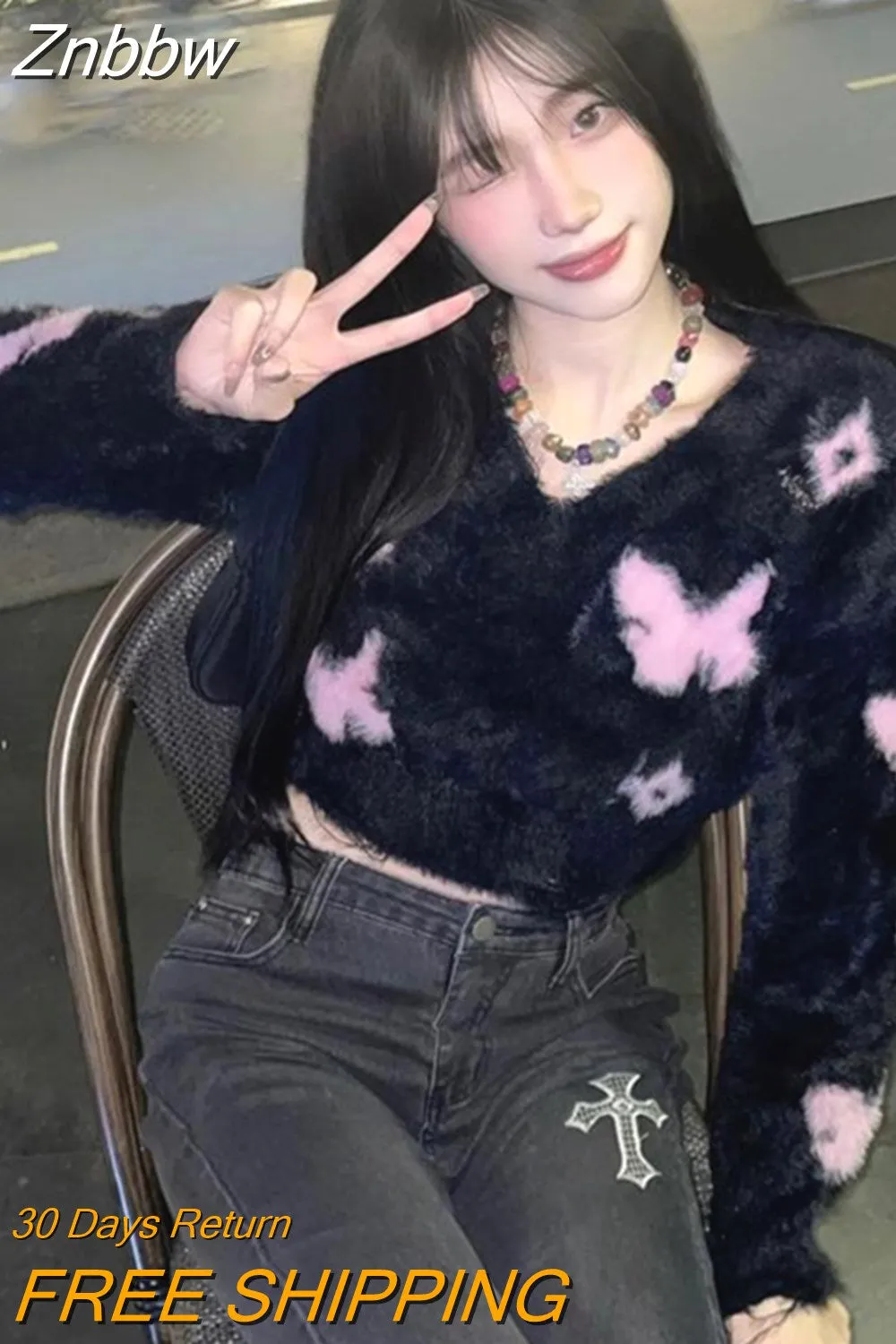 Znbbw Y2K Harajuku Cropped Sweater Women Vintage Sweet Graphic Knitted Pullover Korean Fashion Slim Long Sleeve Tops Jumper