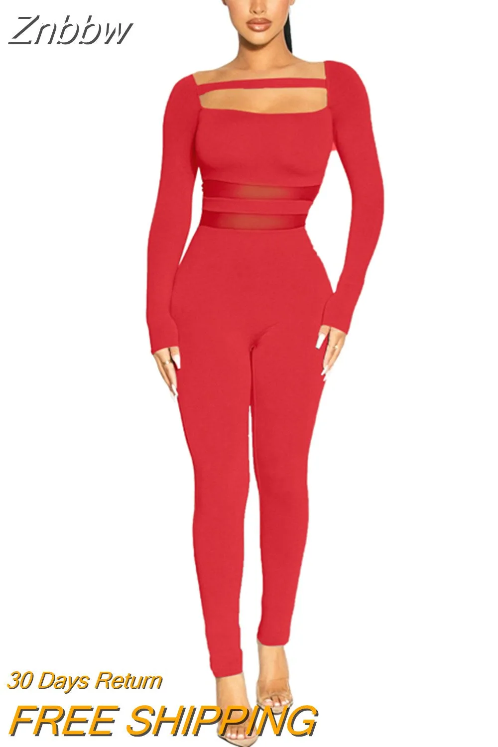 Znbbw Women Autumn Winter Long Sleeve Bodycon Mesh See Brown Through Jumpsuit Overalls 2023 Fall Clothes Wholesale Items - Image 6