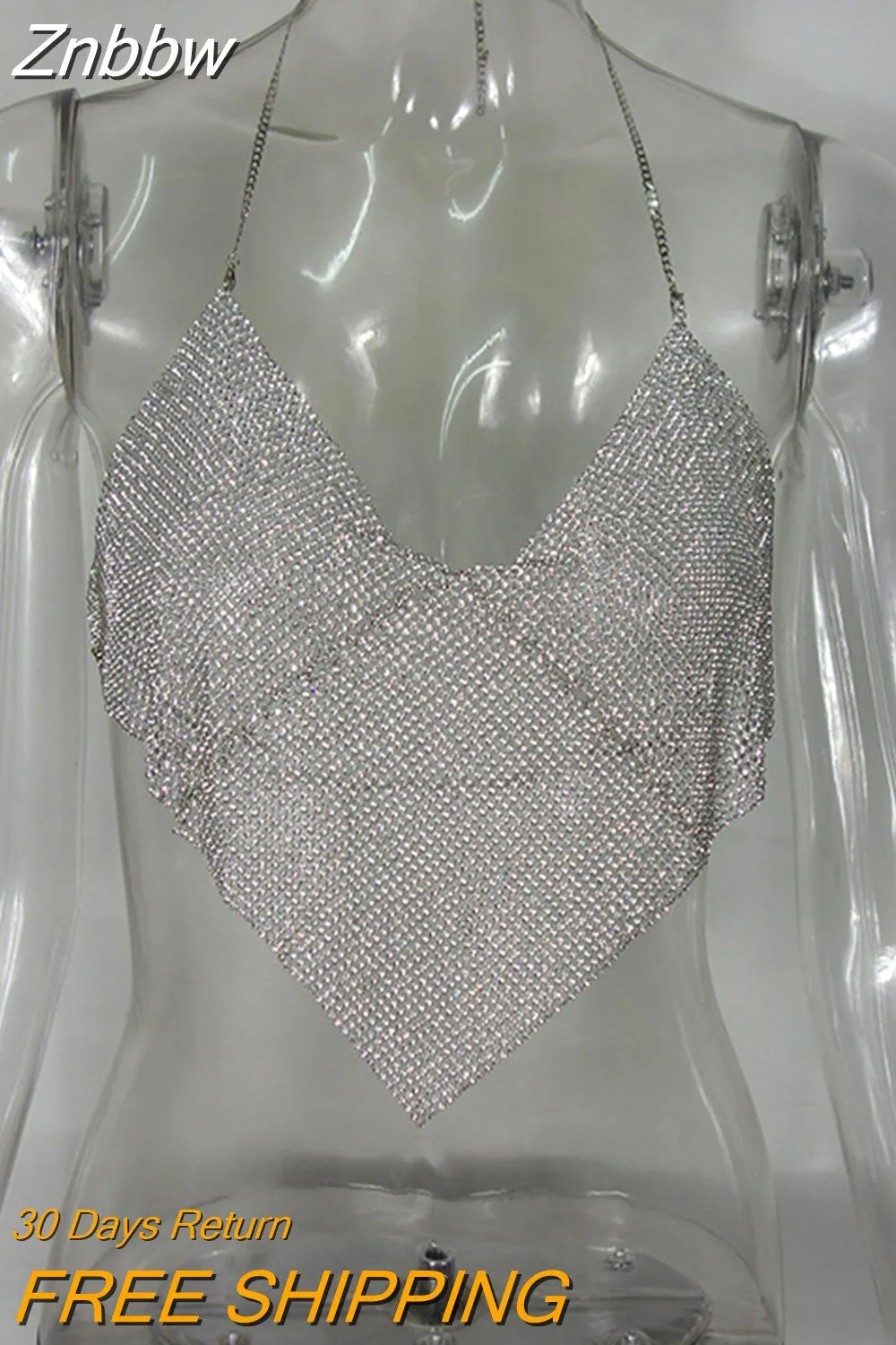 Znbbw 2023 Triangle Diamonds Crop Top Crystal Halter Summer Tops Glitter Women Sexy Backless Nightclub Bralette Tank Top - Image 4