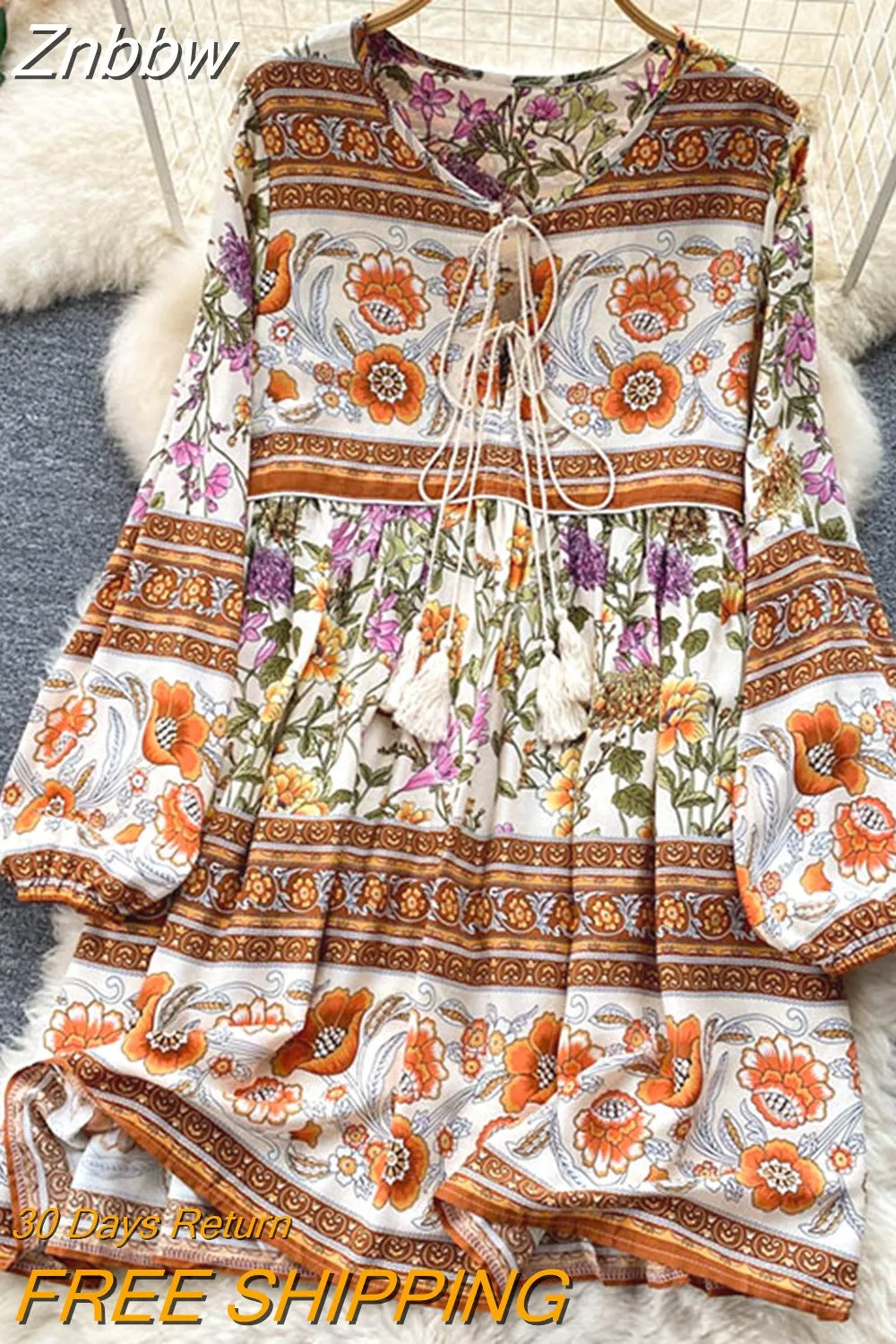 Znbbw Autumn Women's Travel Holiday indie Style Dress New Sweet Loose Thin Printed Long-sleeved Mid-length Dress GD647 - Image 8