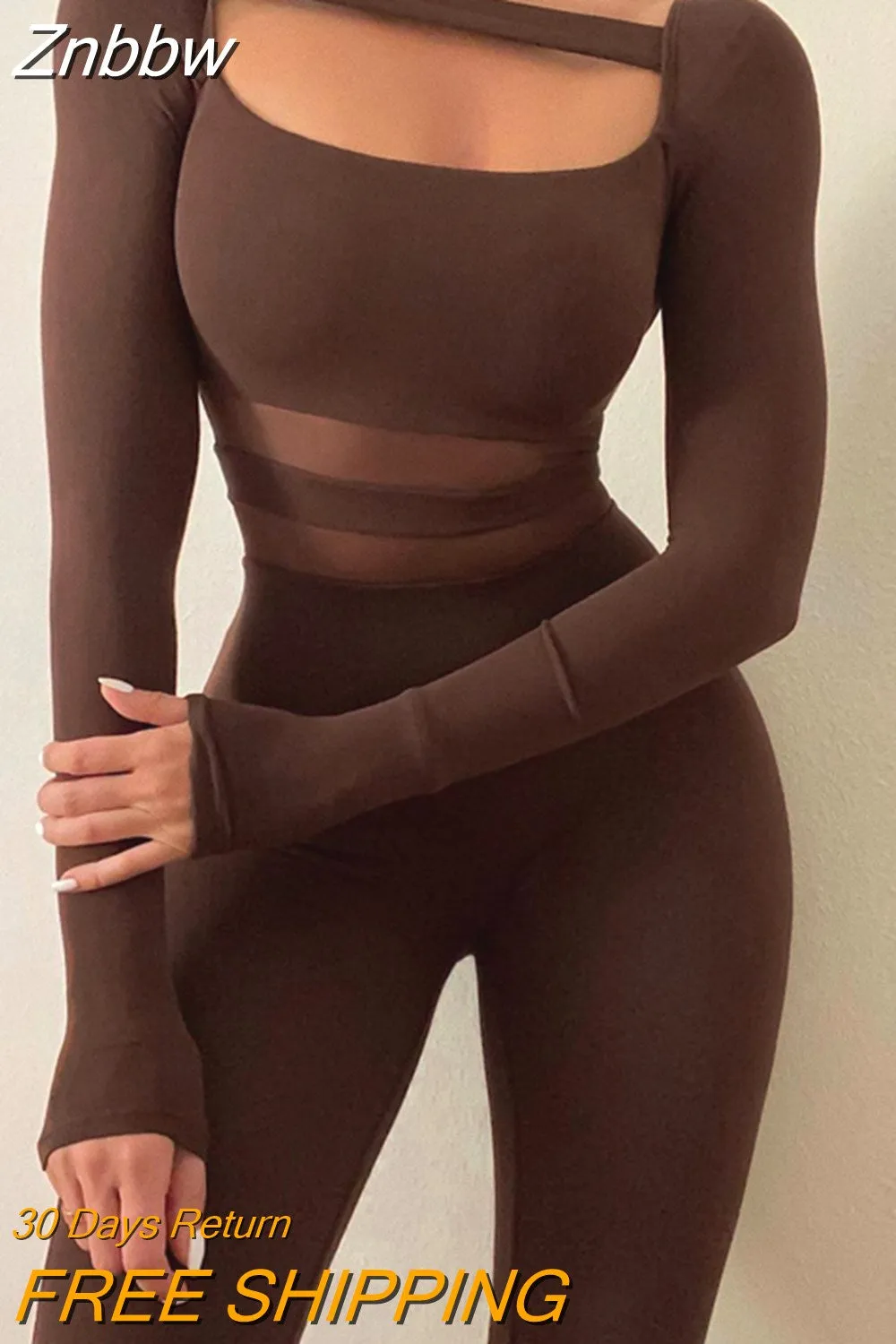 Znbbw Women Autumn Winter Long Sleeve Bodycon Mesh See Brown Through Jumpsuit Overalls 2023 Fall Clothes Wholesale Items - Image 7