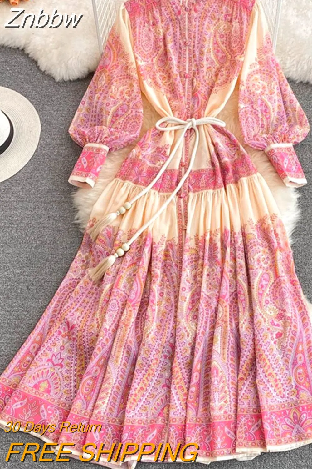 Znbbw Women's Spring Summer Dress 2023 Runway Fashion Lantern Sleeve Turtleneck Single Breasted Flower Printed Party Maxi Vestidos