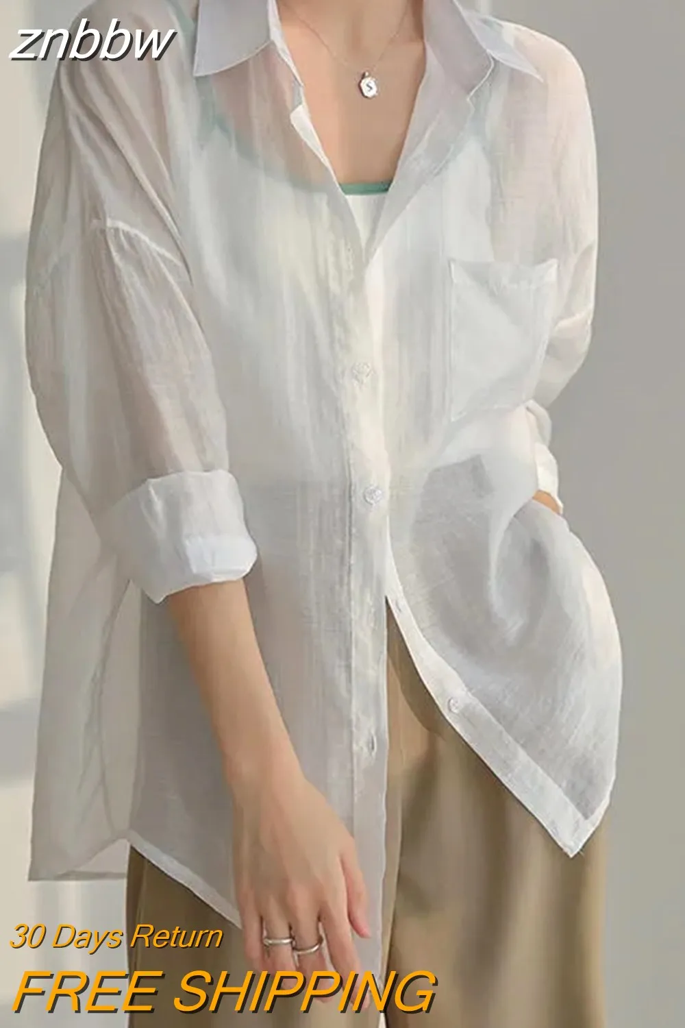 znbbw 2023 Summer Long Sleeve Chiffon White Shirt Women Transparent Button Sun Protection Ladies Blouse Beach Female Clothing - Image 2
