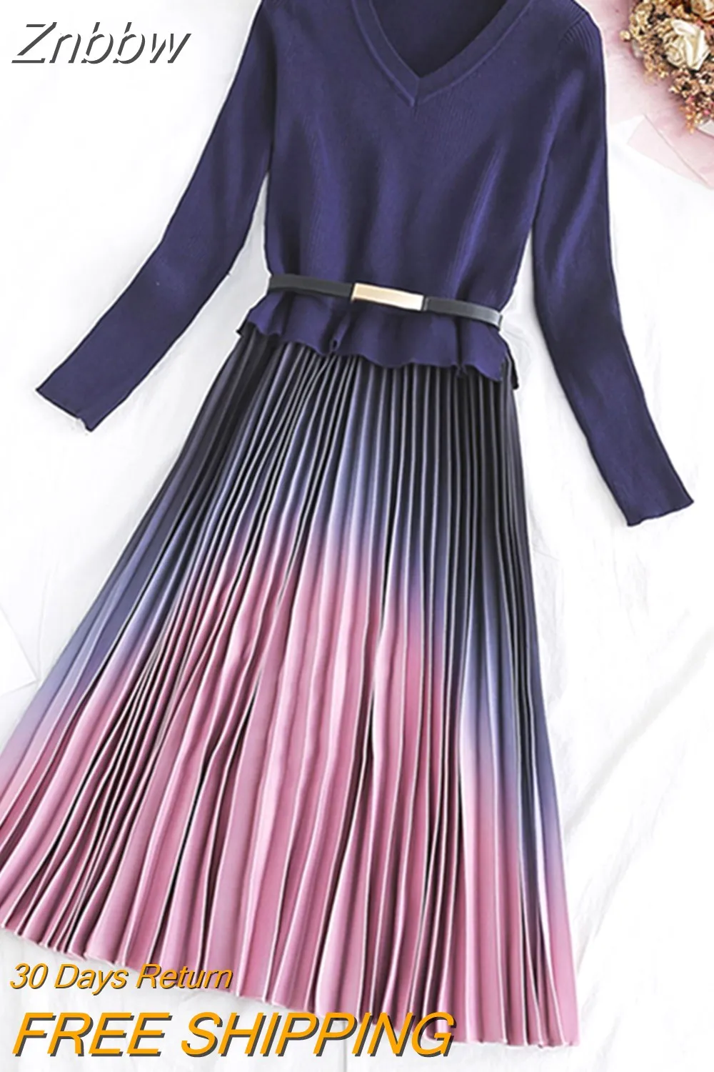 Znbbw Winter Elegant Knitted Patchwork Gradient Print Pleated Dress Women Long Sleeve Office One-Piece Sweater Dress With Belt