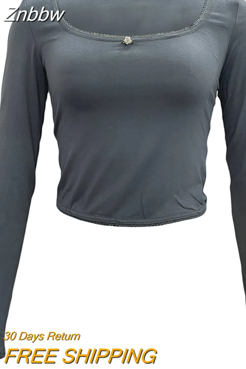 Znbbw Women Y2K Fairy Vintage Lace Trim Flower Long Sleeve Crop Tops Square Neck Solid Slim Fit T-shirts Tops 2000s Aesthetic Clothes - Image 6