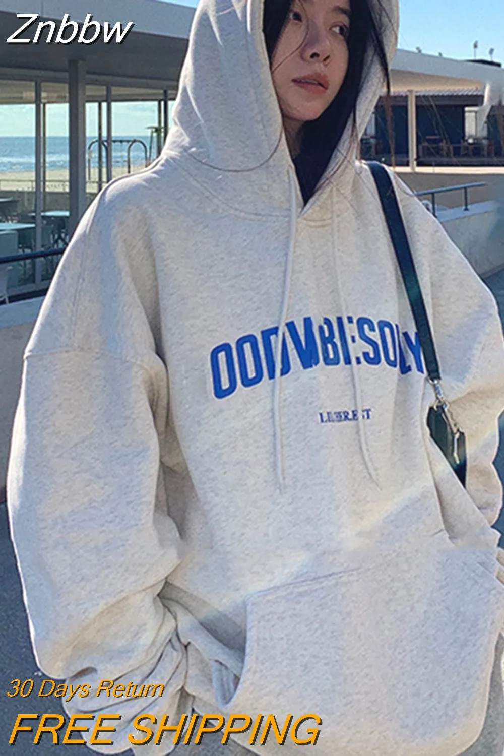 Znbbw Women Vintage Sweatshirt Letter Printing Oversized Grey Autumn Winter Hoodies Y2K Cothes Female Fleece Hoodie Tops Pullover - Image 4