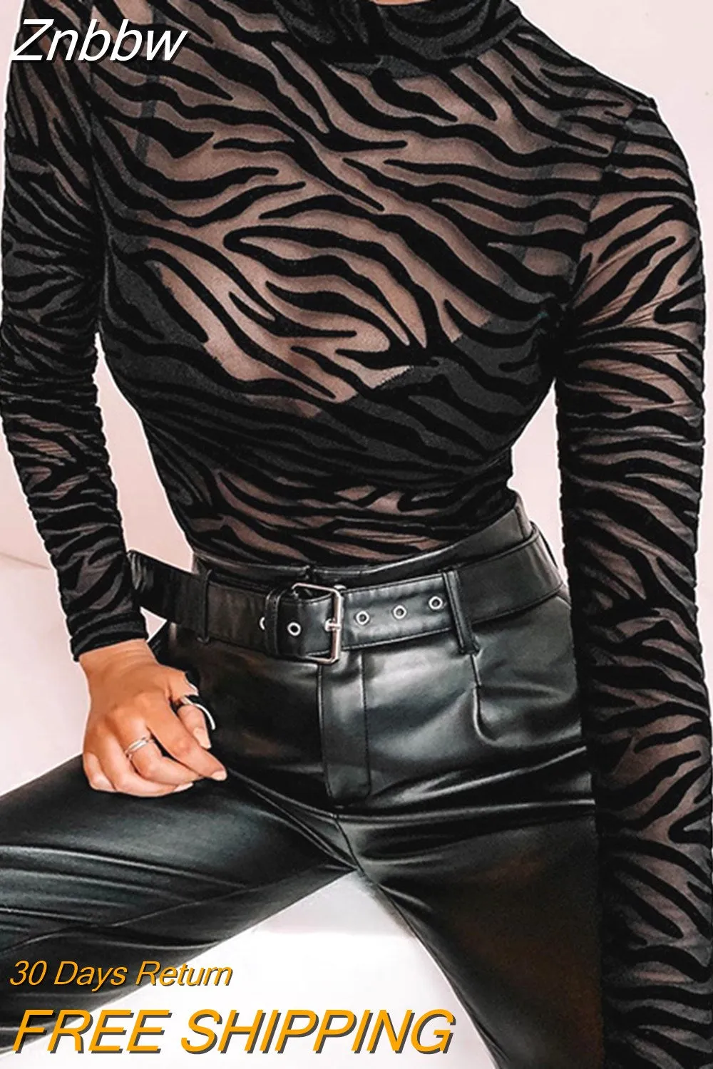 Znbbw Mesh Transparent Sexy Bodysuit Long Sleeve Slim Skinny Stripe Mock Neck Casual Rompers Women Lady Party Club Body