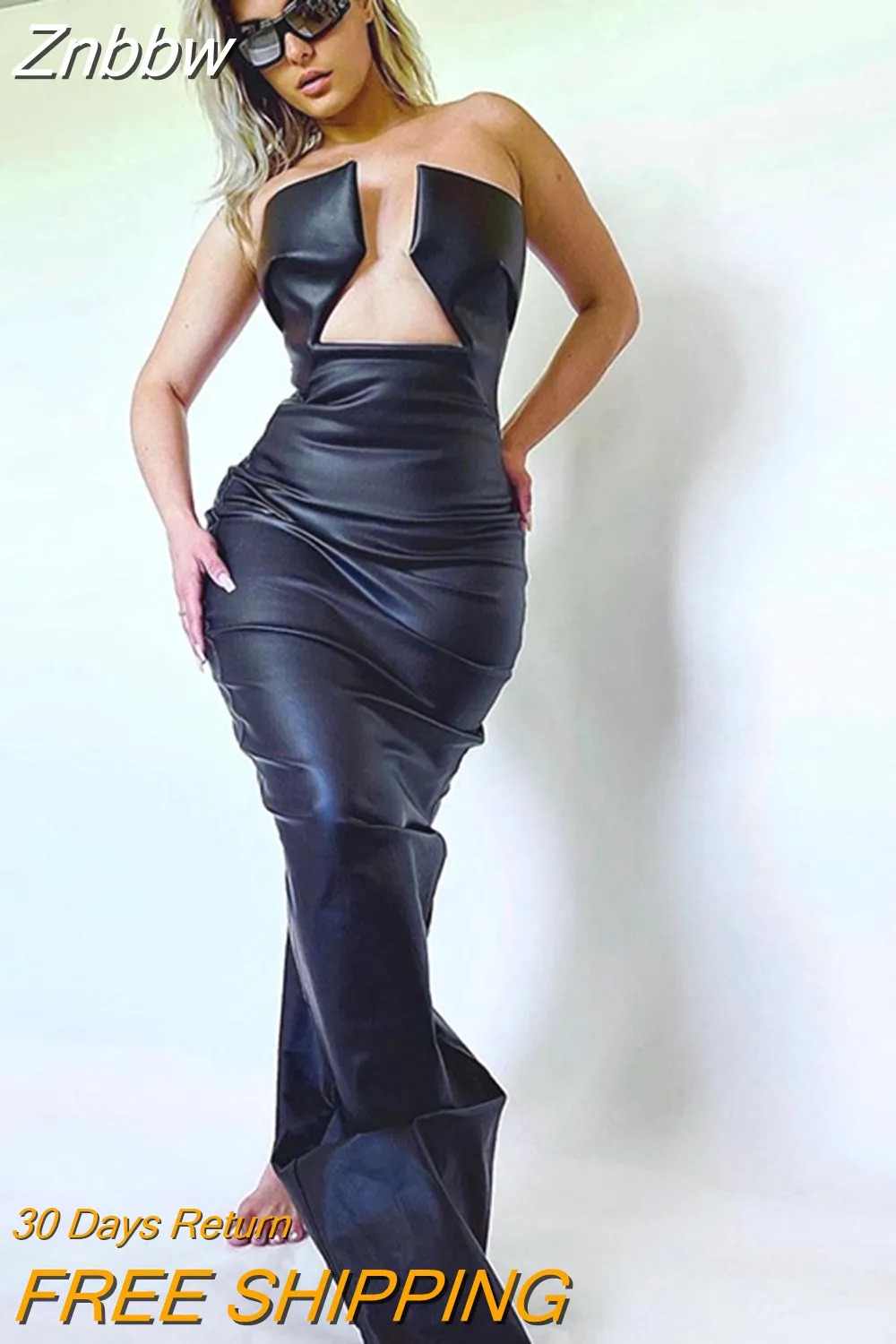 Znbbw Women Sexy Strapless Party Club Evening Bodycon Pu Leather Long Dress 2023 Summer Clothes Wholesale Items For Business - Image 4