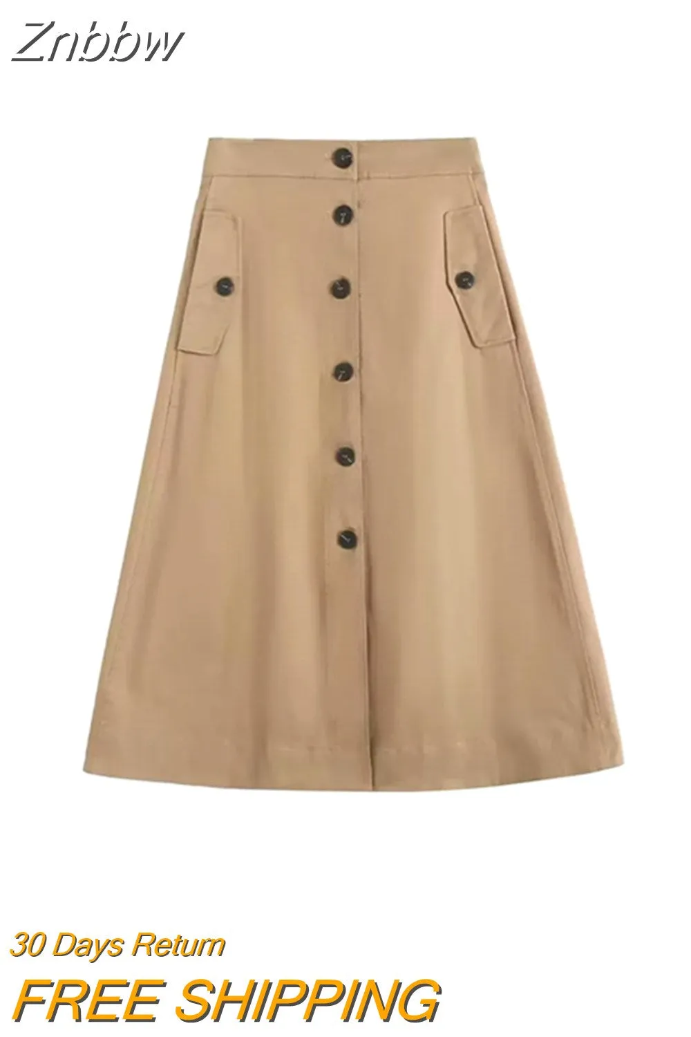 Znbbw 2023 Summer Autumn Skirt Women Loose Pockets Midi Khaki Skirt Women With Button