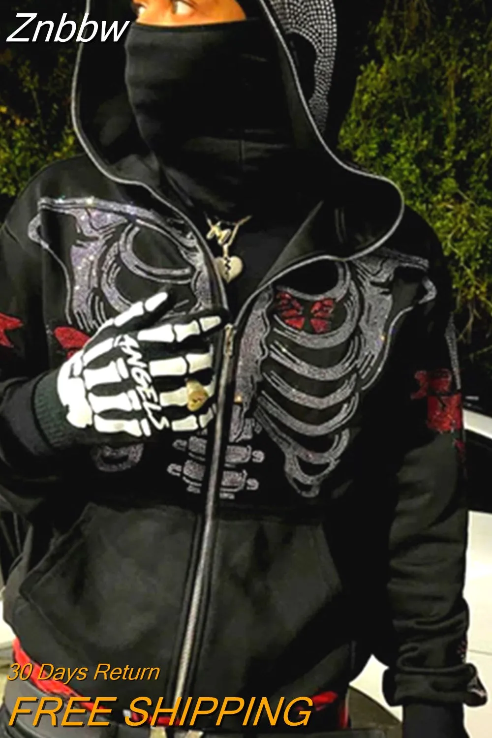 Znbbw Clothing Rhinestones Skeleton jacket Hoodies Punk Long Sleeve Streetwear Oversized Zip Men Y2K Casual Hoodie Sweatshirt New