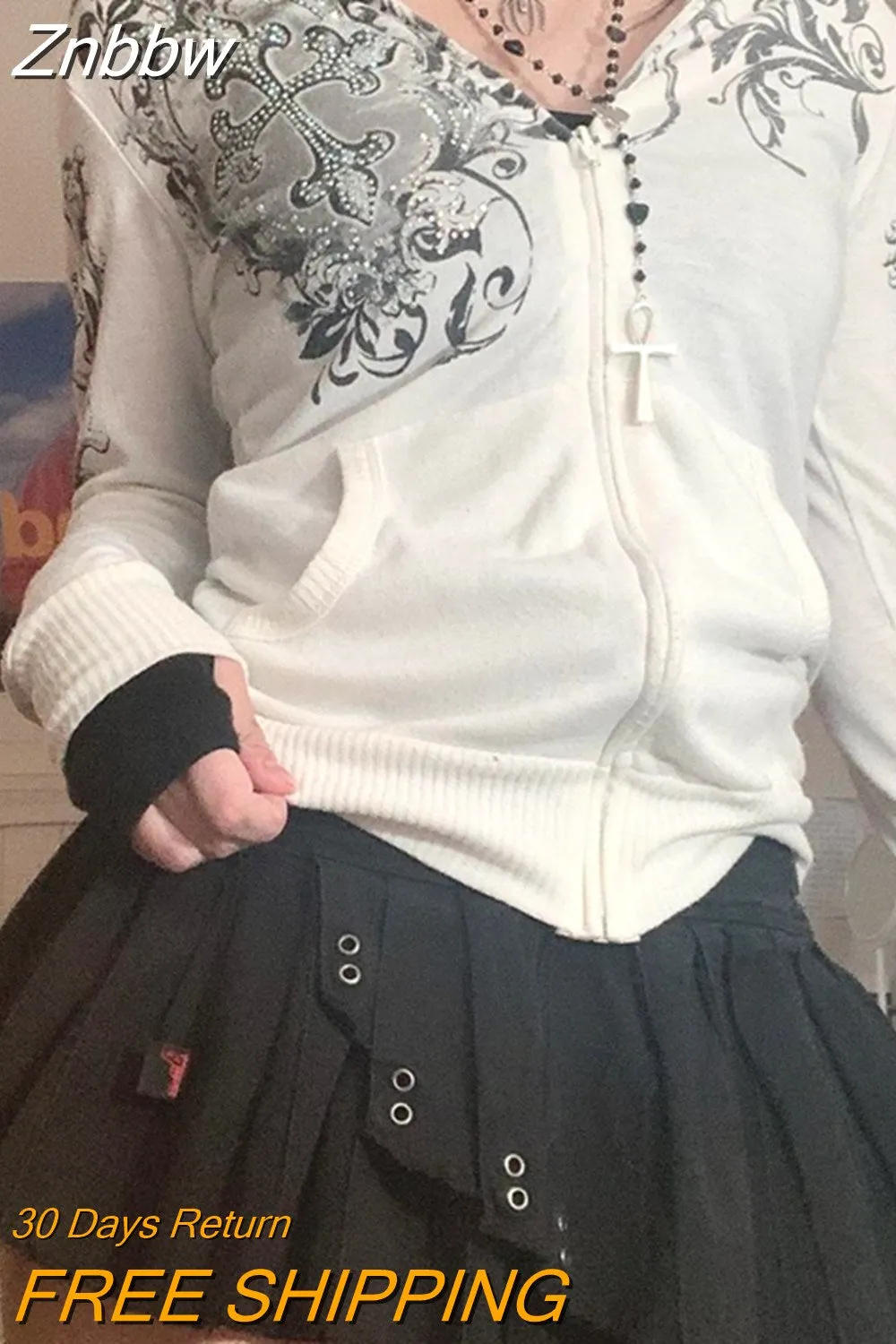 Znbbw Chic Rhinestone Floral Print Hoodies Women Y2K Aesthetic Zipper Long Sleeve Sweatshirts Hooded Coat Pockets Outerwear - Image 4