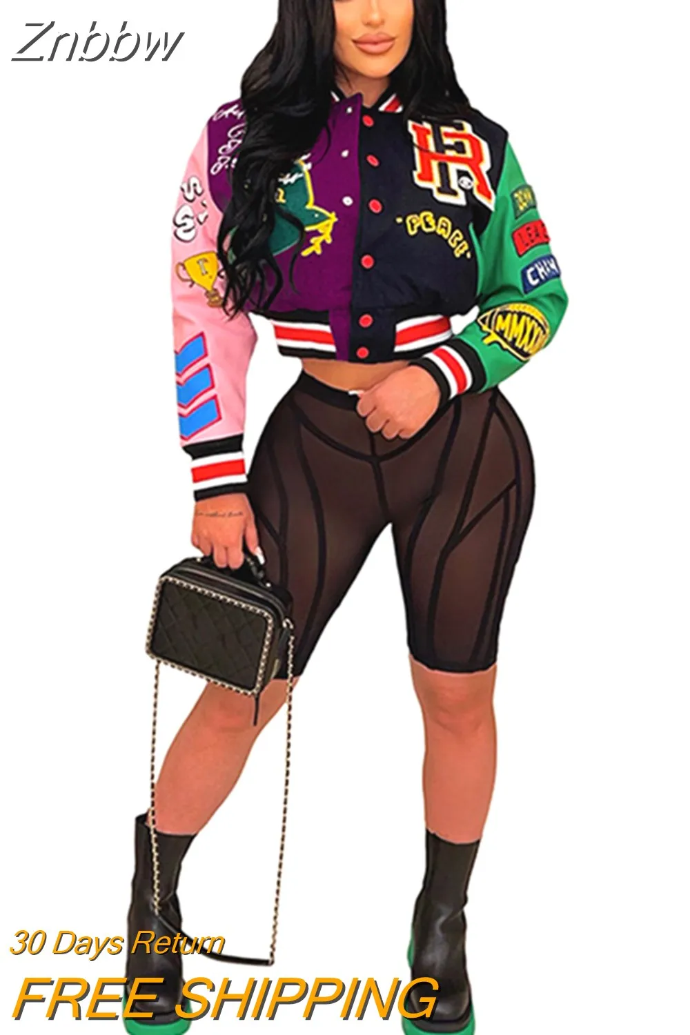 Znbbw Women Printed Thread Letter Baseball Jacket Spring Single Breasted Cropped Y2K Streetwear 2023 Racing Color Contrast Bomber Coat - Image 6