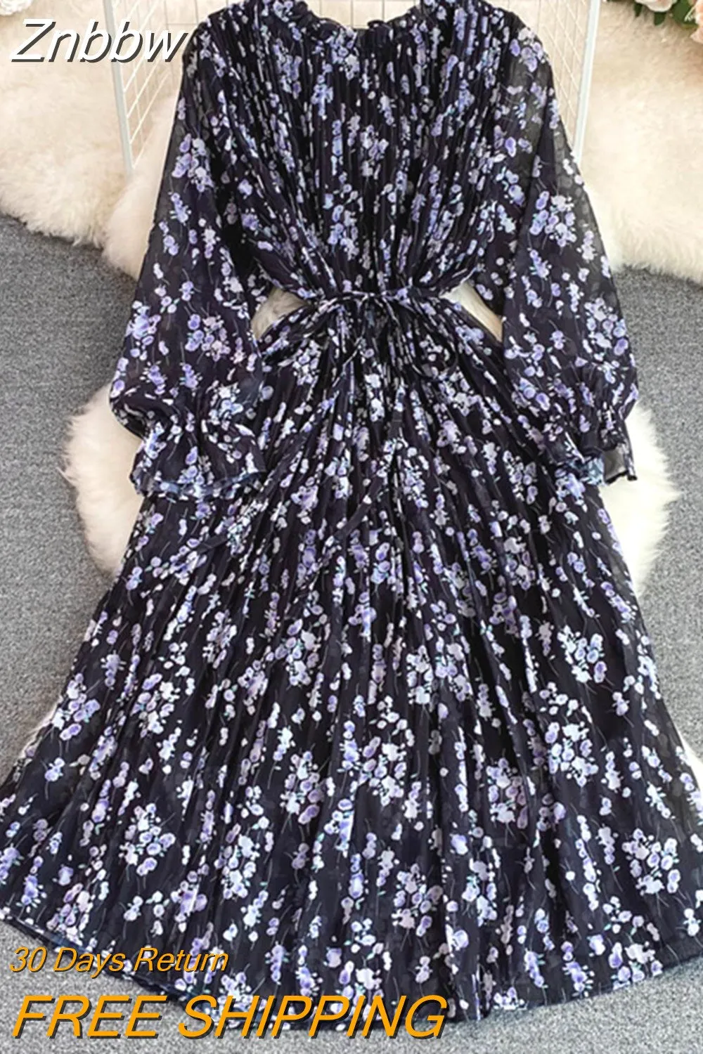 Znbbw Autumn Floral Gentle Fairy Dress Short Round Neck Bubble Long Sleeve Pleated Waist Thin A-line Vestidos Women D1441 - Image 7