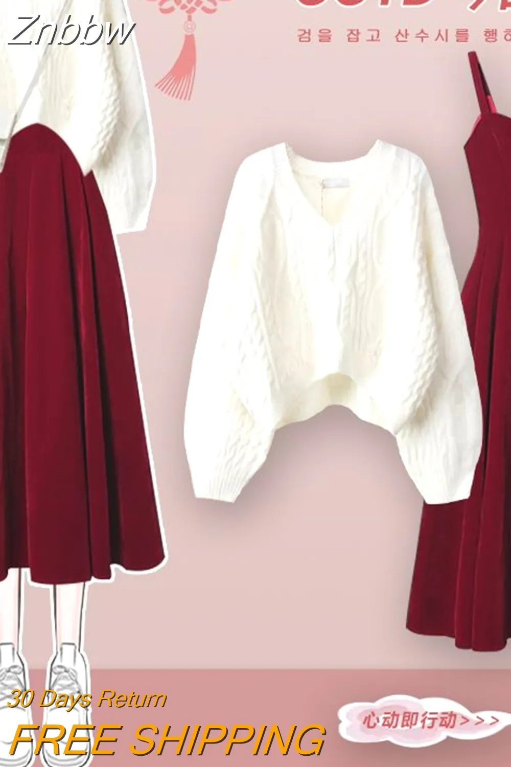 Znbbw Women's 2023 Autumn Winter New Fashion V-Neck Knitted Sweater Dress Two Piece Korean Elegant Matching Set Female Suit - Image 4