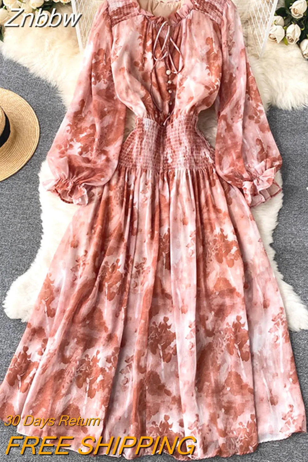 Znbbw Women Spring Autumn Winter Dress High Class Elegant Printing French Style Slim Bubble Sleeve Super Fairy Long Vestidos D2423 - Image 7
