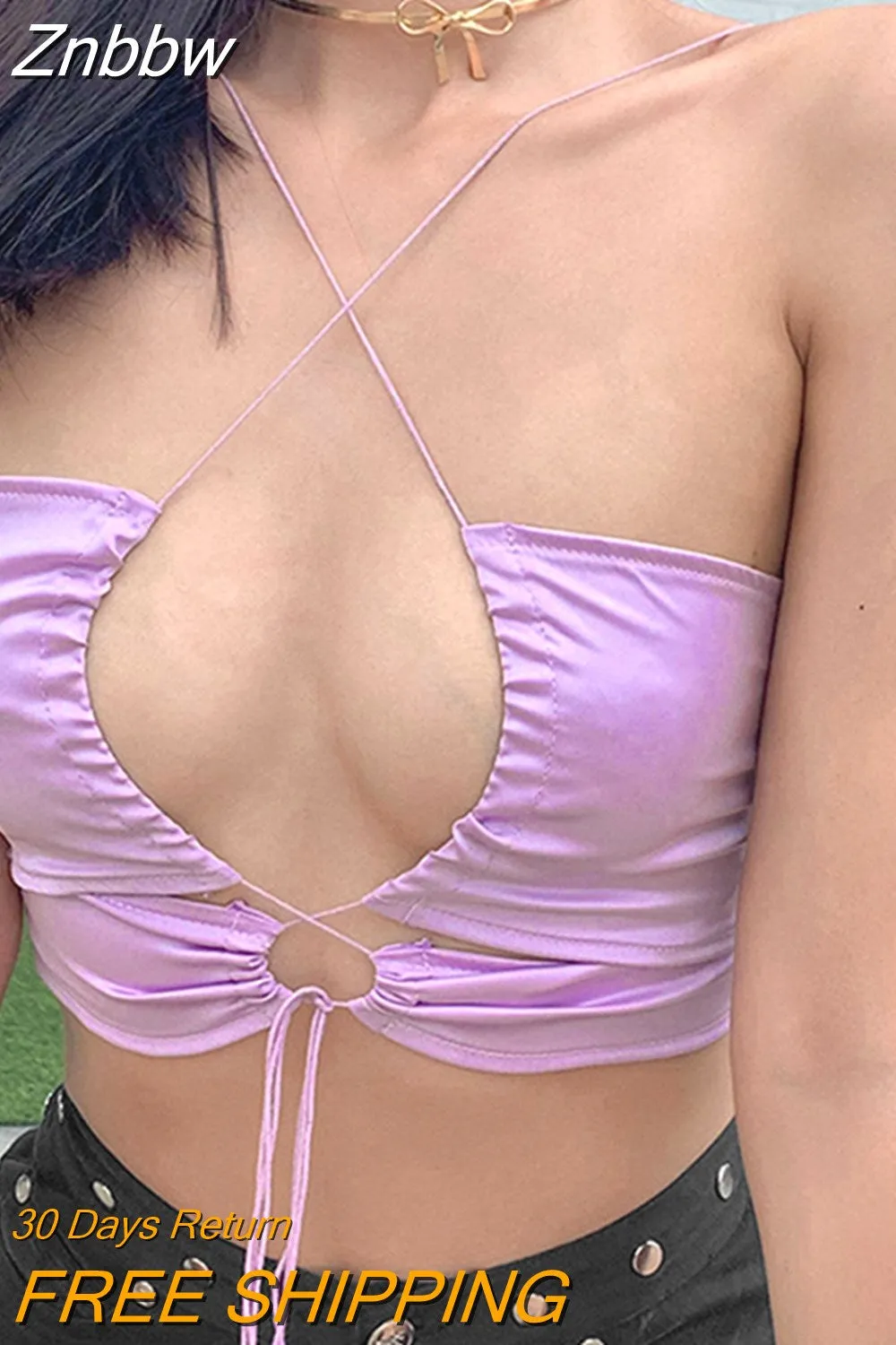 Znbbw Women Sexy Hollow Out Lace Up Camis Summer Sleeveless Solid Color Slim Fit Bandage V Neck Low Cut Club Holiday Casual Crop Top - Image 12