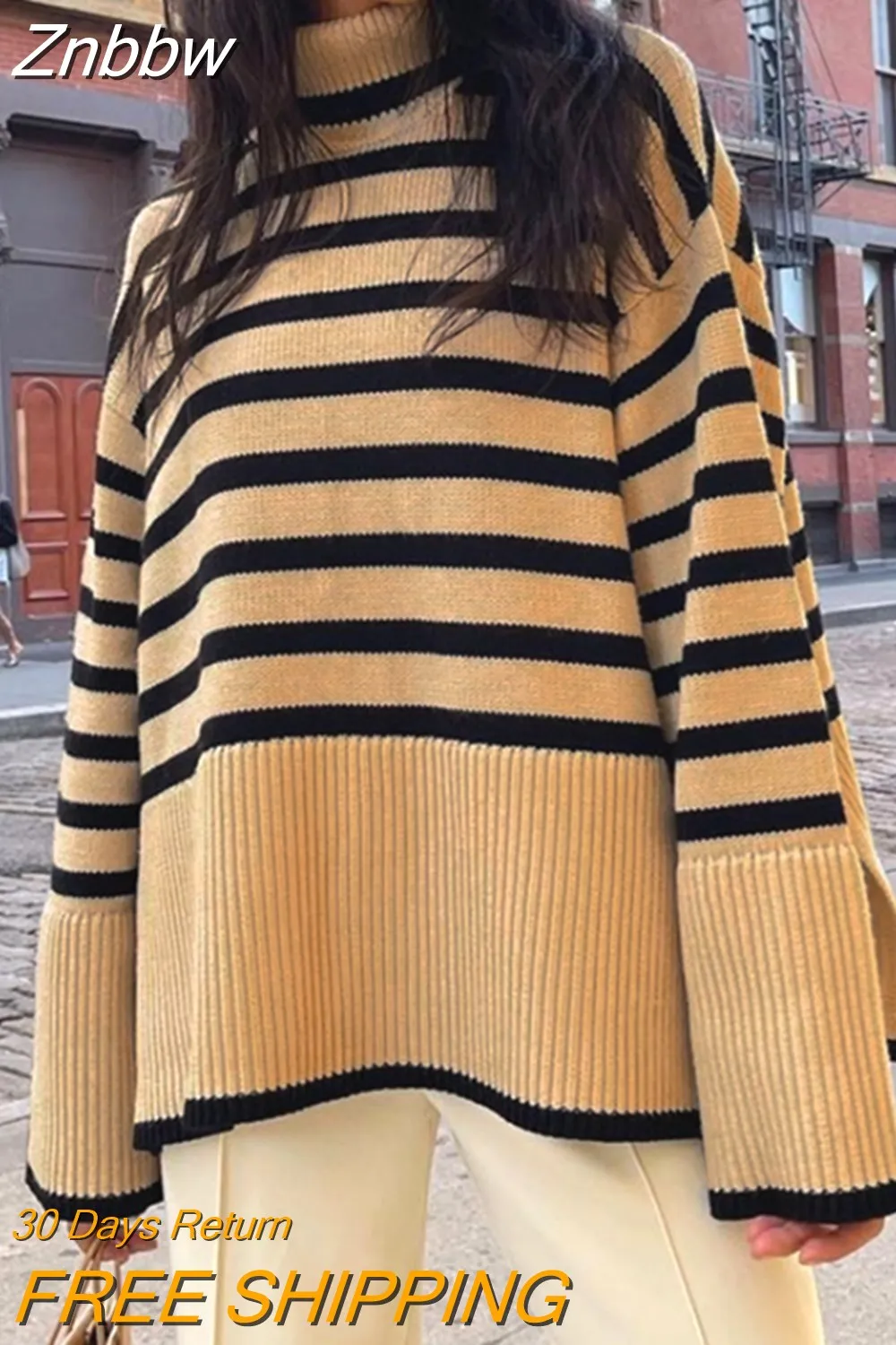 Znbbw Women Turtleneck Sweaters Striped Split Autumn Winter Long Flare Sleeve Knitted Pullover Oversized Y2K Female Knitwear Top - Image 10
