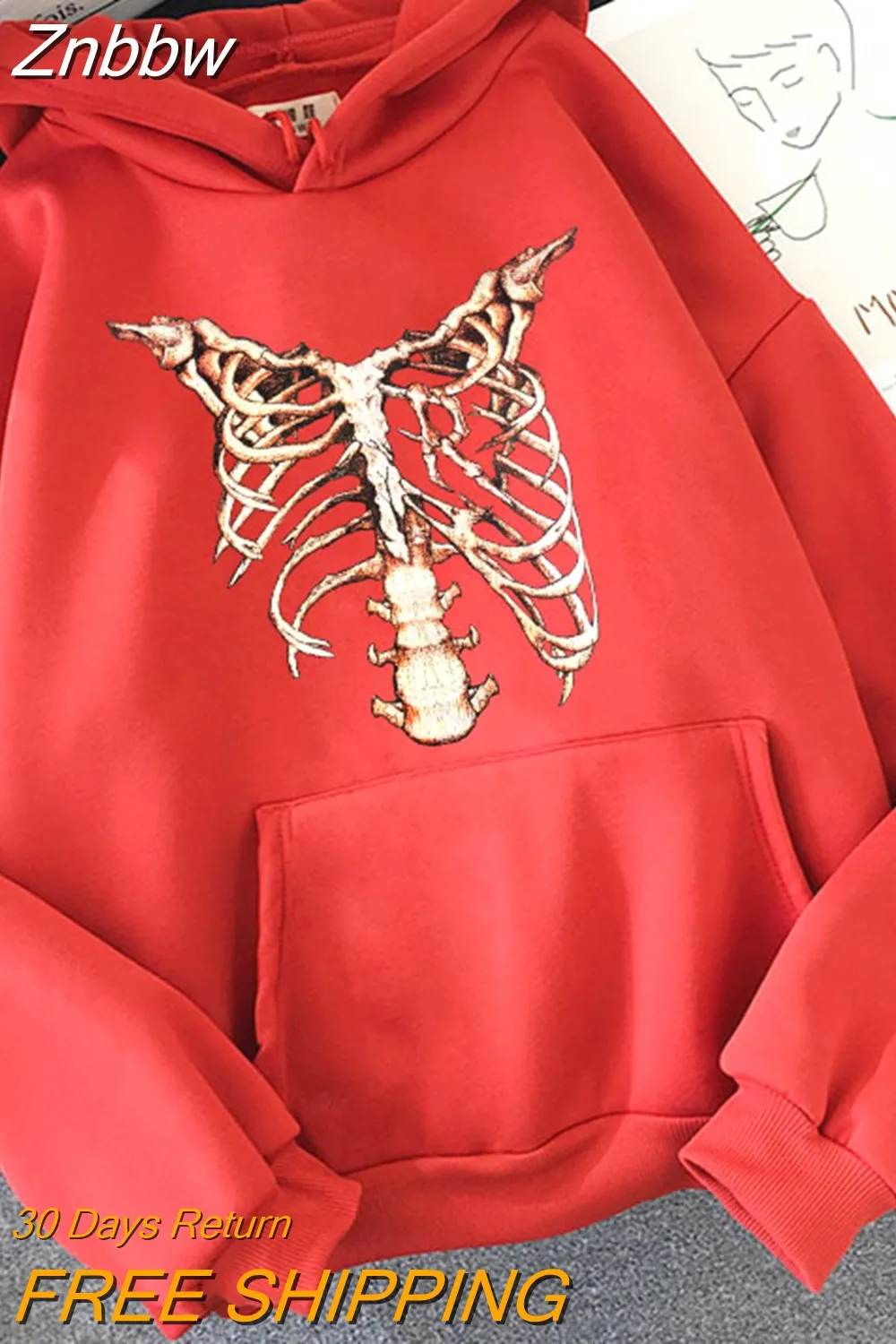 Znbbw Y2K Harajuku Anime Gothic Hoodies Korean Style Loose Skull Print Goth Grunge Long-sleeved Hooded Coat Solid Color Retro - Image 8