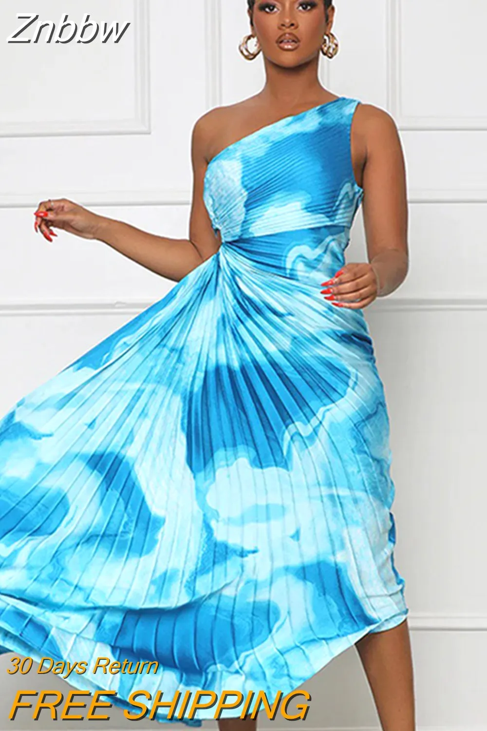 Znbbw Women Printing Single Shoulder A Line Midi Dresses Lady Vintage Hellow Out Long Dress 2023 Fashion Pressed Pleat Streetwear - Image 5