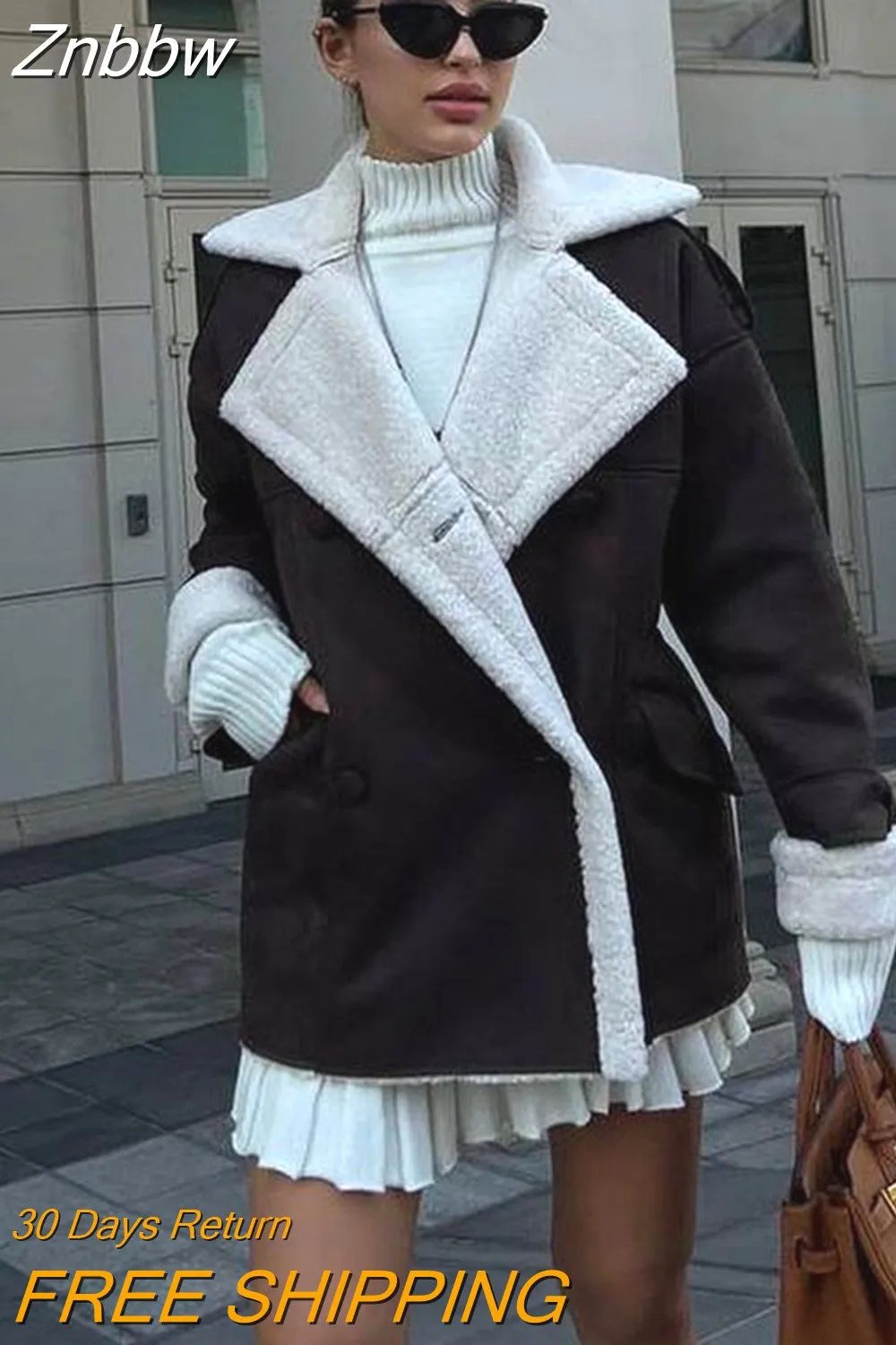 Znbbw Women's Long Sleeved Plush Lapel Long Sleeved Jacket Casual Loose Double Breasted Panel Outwear 2023 Chic Winter Warm Streetwear - Image 8