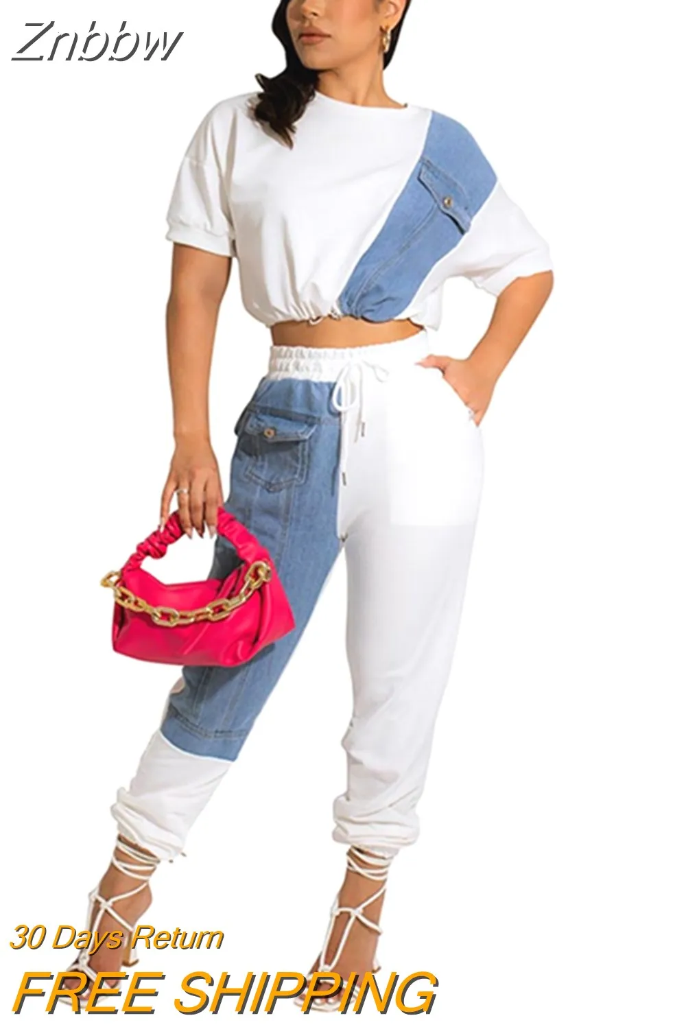 Znbbw Jean Patchwork Women Two 2 Piece Set 2023 Summer Tee And Jogger Pants Matching Set Female Suits - Image 4