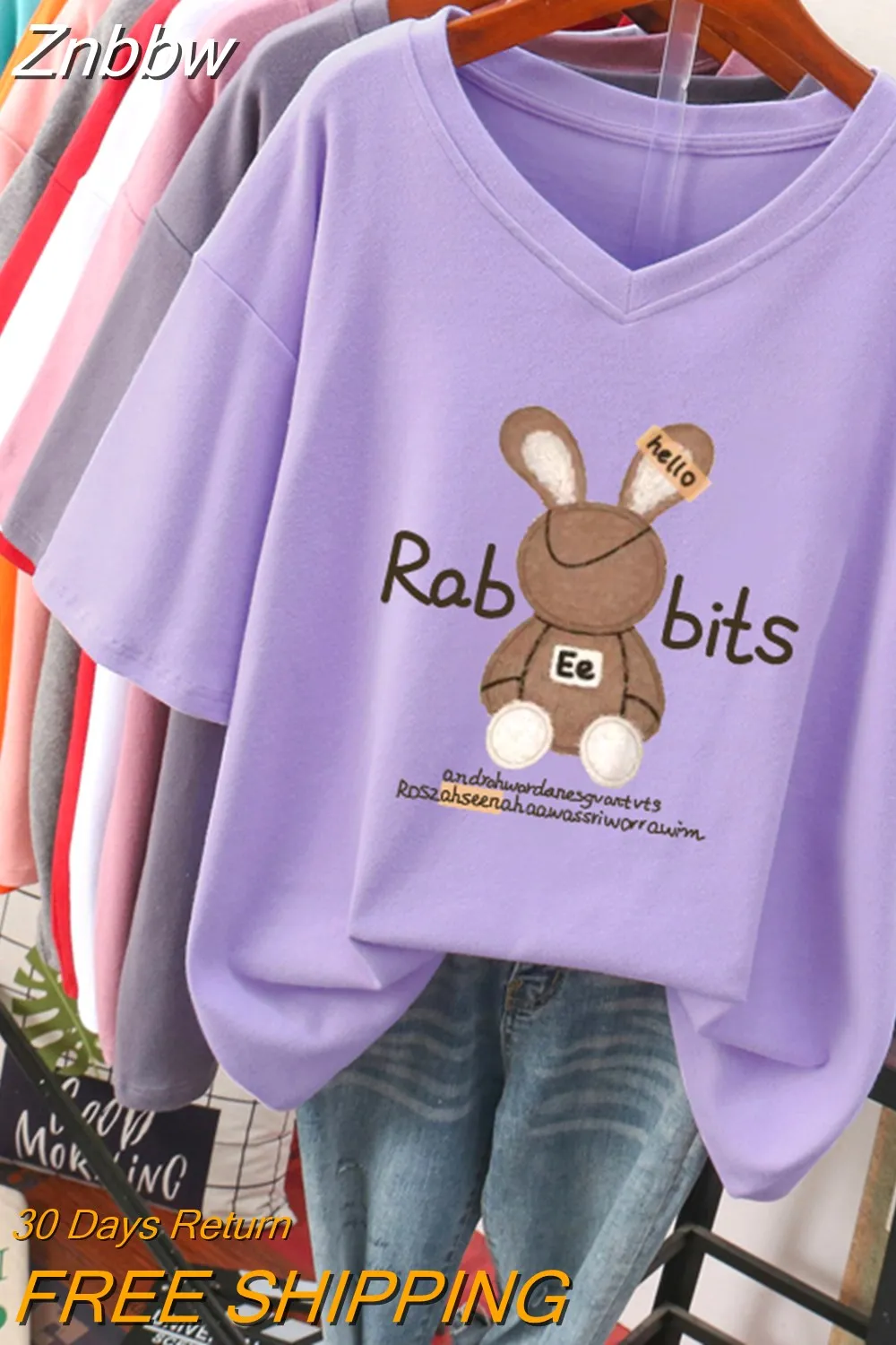 Znbbw 100 Cotton L-5XL Plus Size T Shirt Cartoon Print Tshirt Short Sleeve Women's Top Summer Kawaii Couple V Neck T Shirts - Image 5