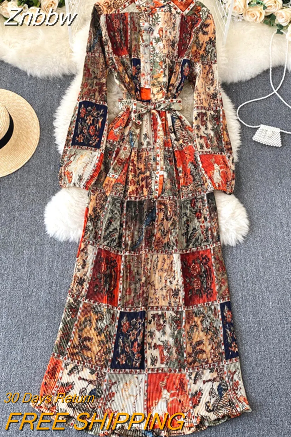 Znbbw Spring Autumn New Dress Temperament Turtleneck Waist Slim Long Sleeves Lace Up Wild Floral Maxi Vestidos Female UK016 - Image 6