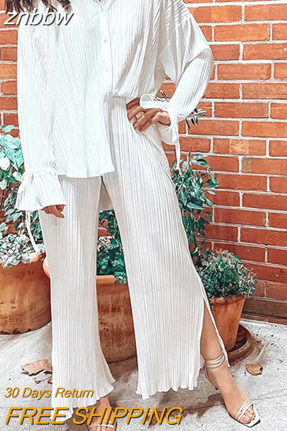 znbbw Women Pleated 2 Piece Sets Long Sleeve Blouse Tops And Split Wide Leg Pant Suit Female Fashion Casual Loose Homewear Outfit - Image 4