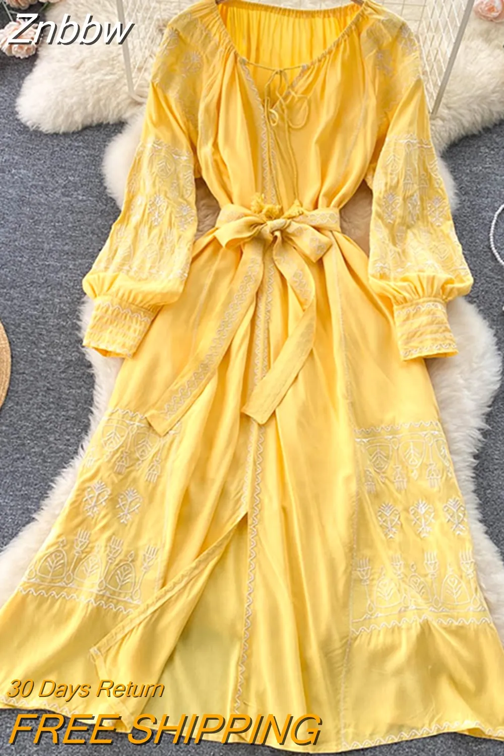 Znbbw Autumn French Vintage Long Sleeve Embroidered Dress Feminine High Waist Slit Long Swing Dresses for Women GD694 - Image 7