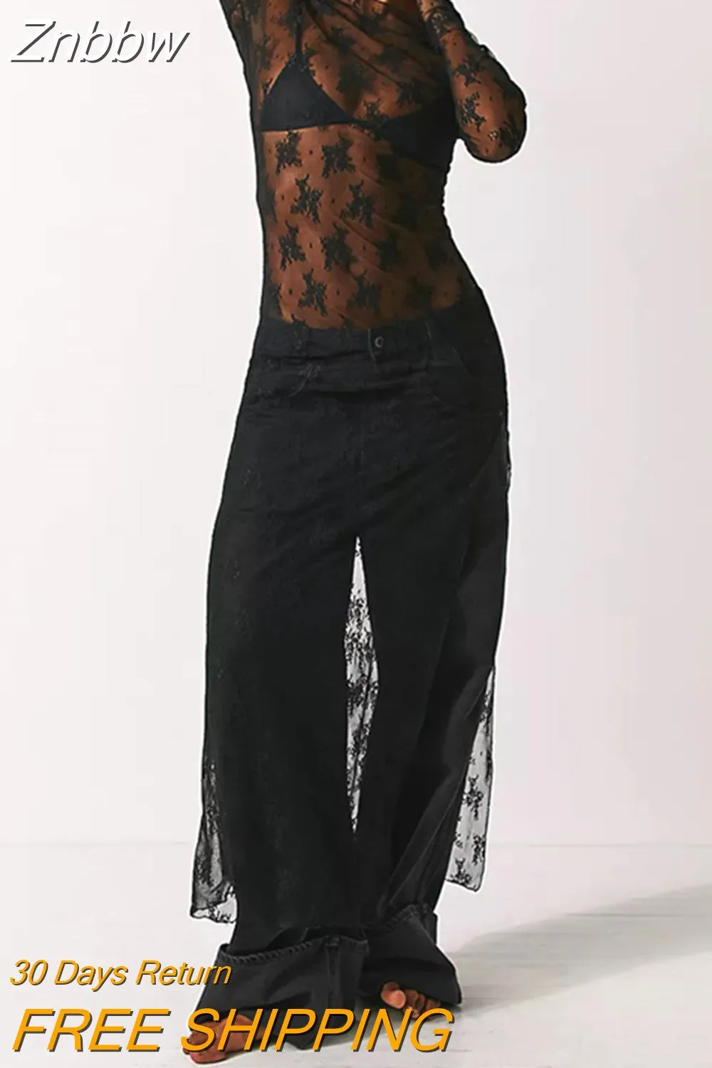 Znbbw Women??s See-Through Lace Dress Long Sleeve Slit Hem Dress Chemise Vacation sexy robe nightclub girls tight clothes