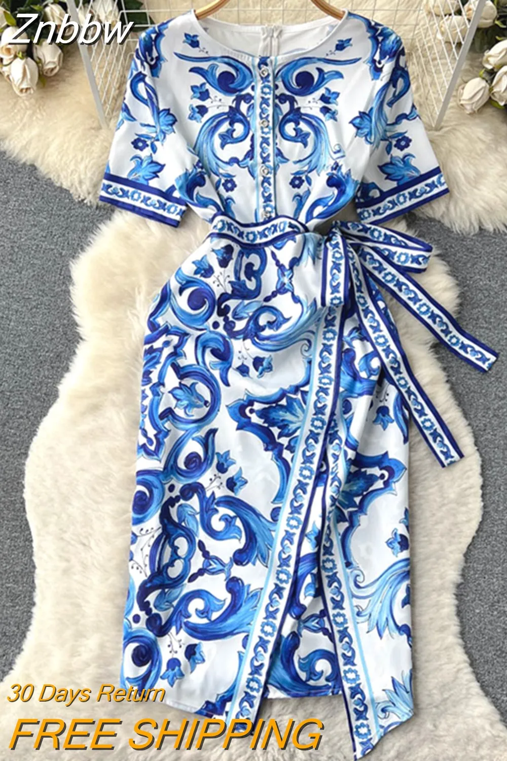 Znbbw 2023 Summer Blue and white porcelain Midi Dress Women's Round Neck Short Sleeve Lace Waist Slim Package Hip Dress - Image 4