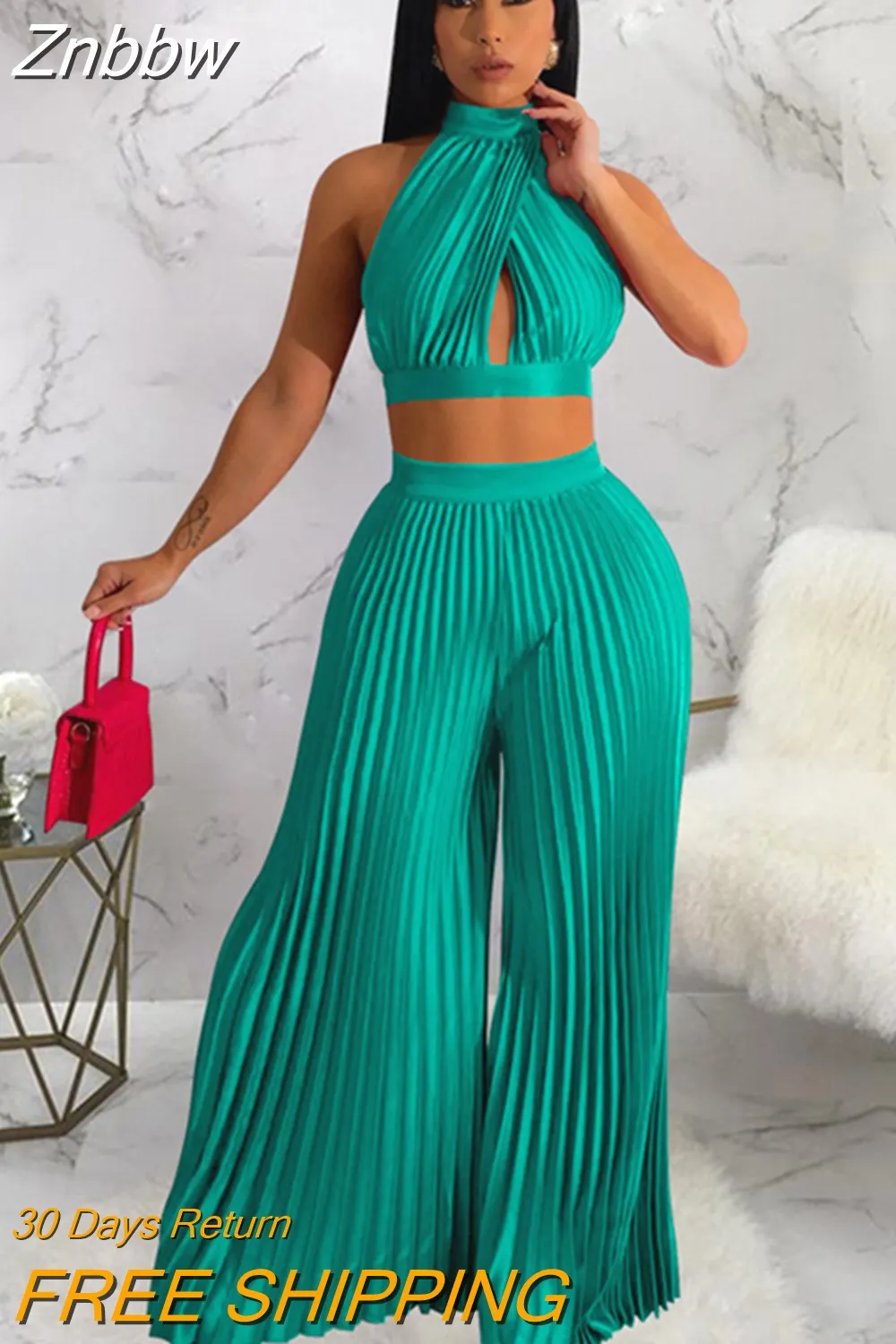 Znbbw Women Pleated Halter Lace Up Sleeveless Pant Suits 2023 Summer New Party Outfits Lady Fashion Top Wide Leg Pants Two Piece Set - Image 5