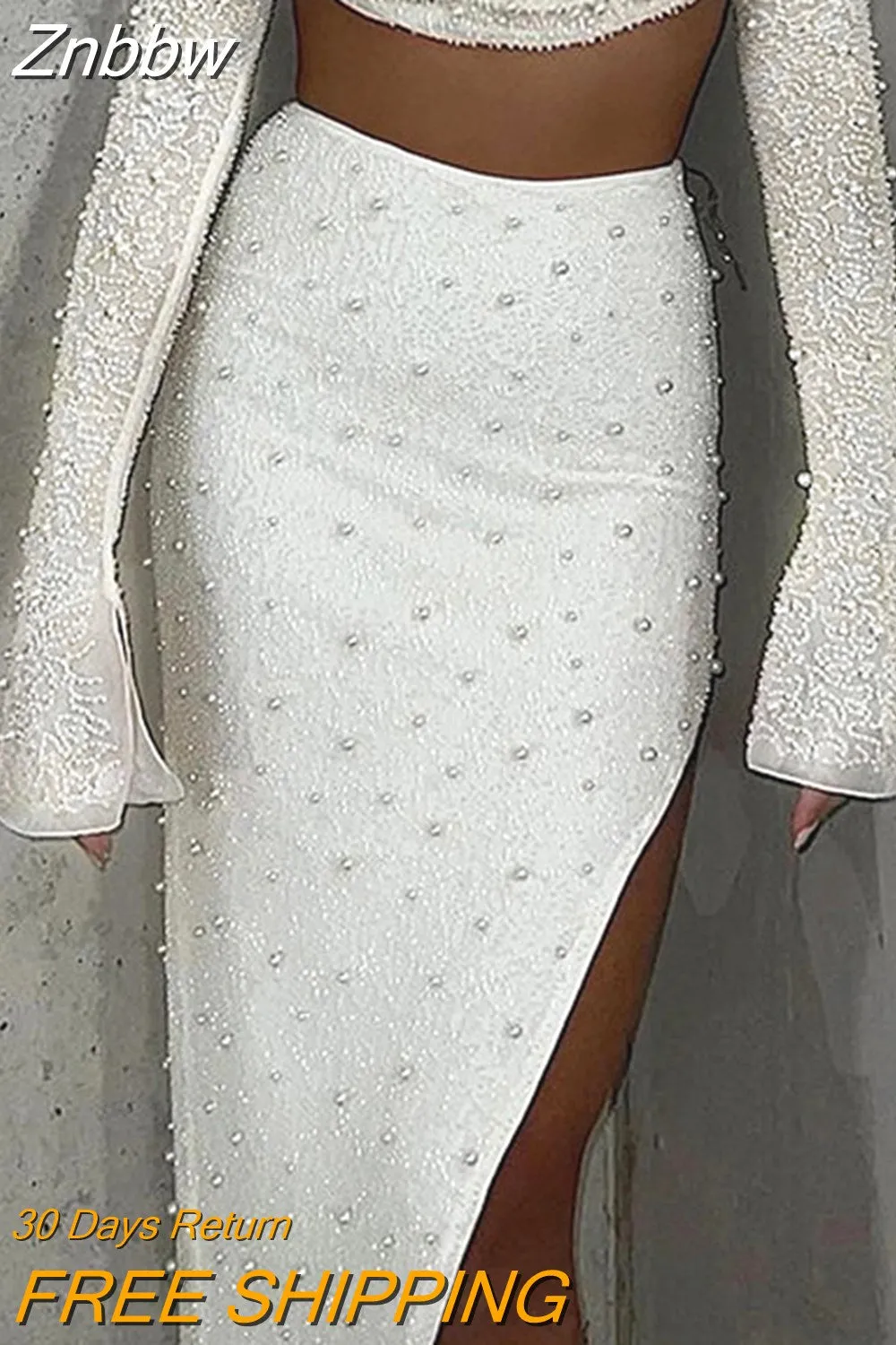 Znbbw Pink Beaded Y2K Midi Skirts for Women High Waist Bodycon Birthday Night Party Split Sexy Long Skirt - Image 6