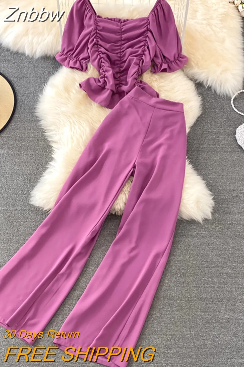 Znbbw Women Summer Fashion Casual Pants, High Waist Drape Wide Leg Pants, Square Collar Short Slim Blouse Two-piece Suit Female D0544 - Image 10