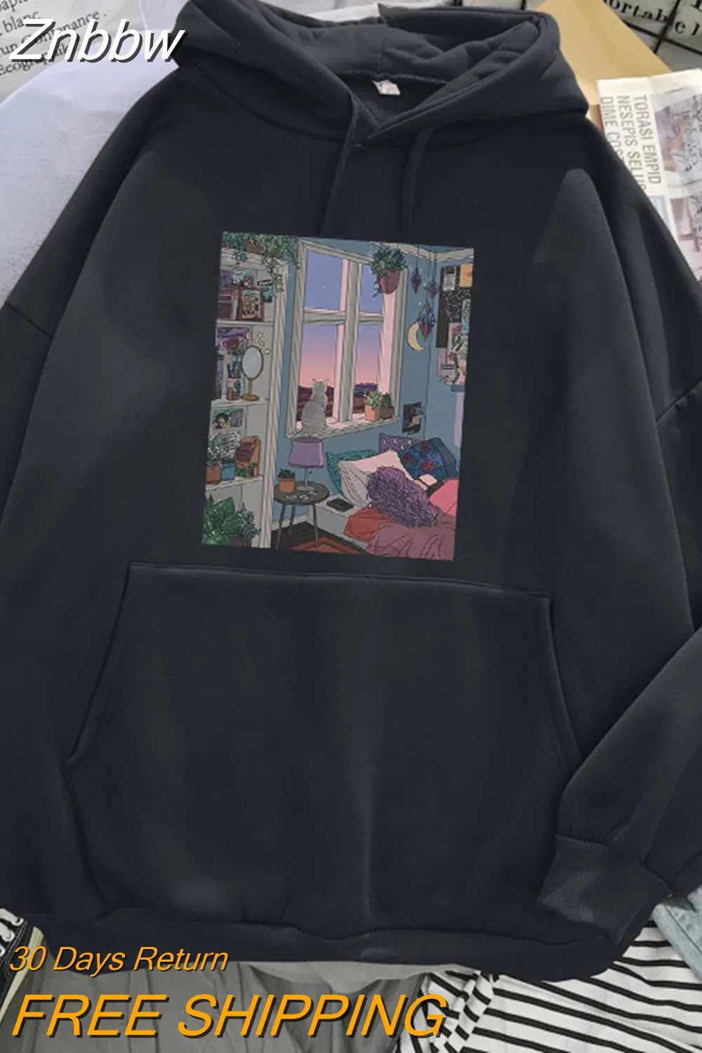 Znbbw Night Drawing Cartoons Print Women Hoodeds Sweatshirts Harajuku Oversized Loose Fashion Casual Lady Hoodeds Sweatshirts