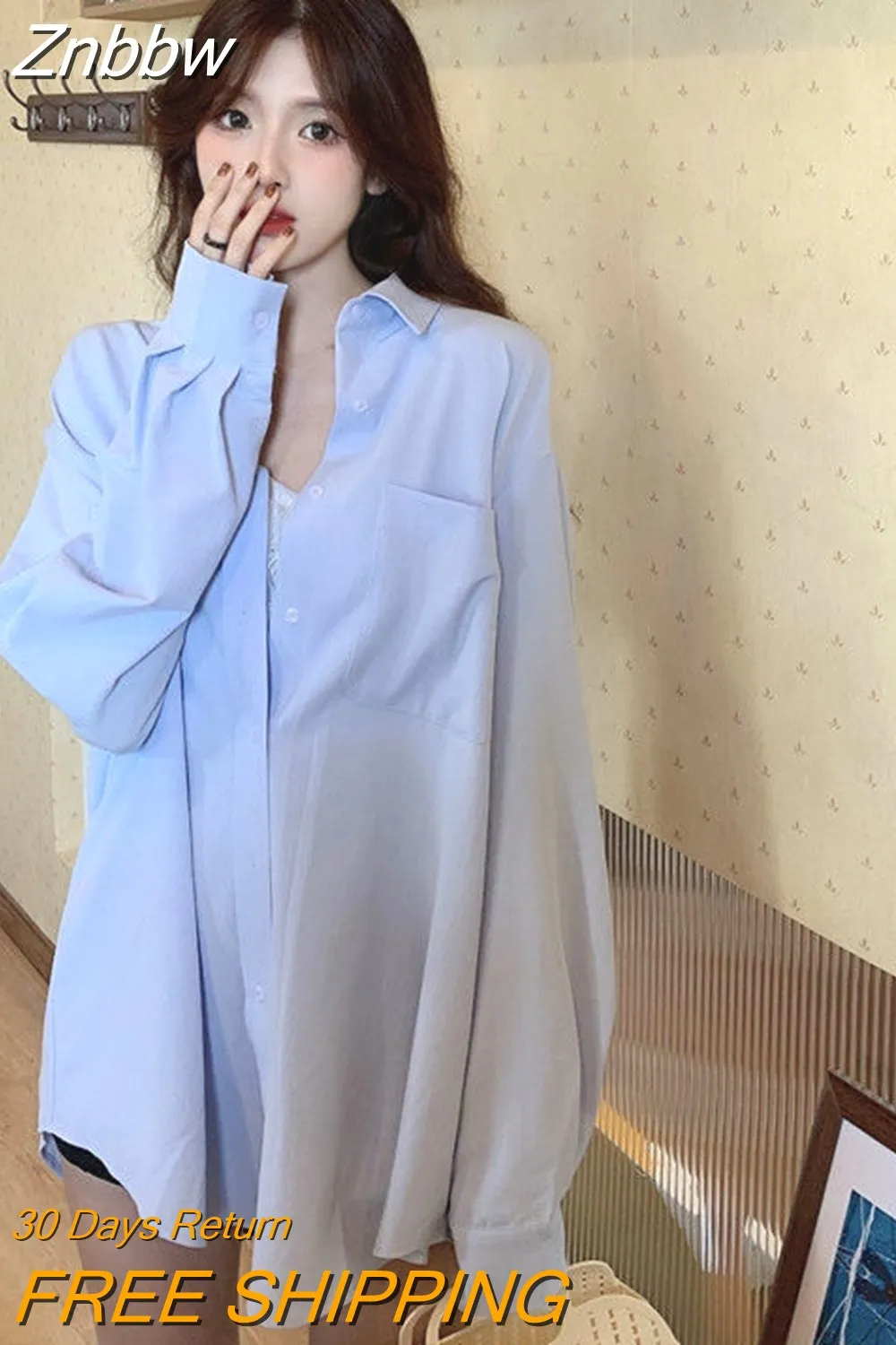 Znbbw Oversized Blue Shirts Womens Spring Autumn Blouses Fashion OL Blusa Tops Casual Solid Long Sleeve White Shirt Oversize - Image 3