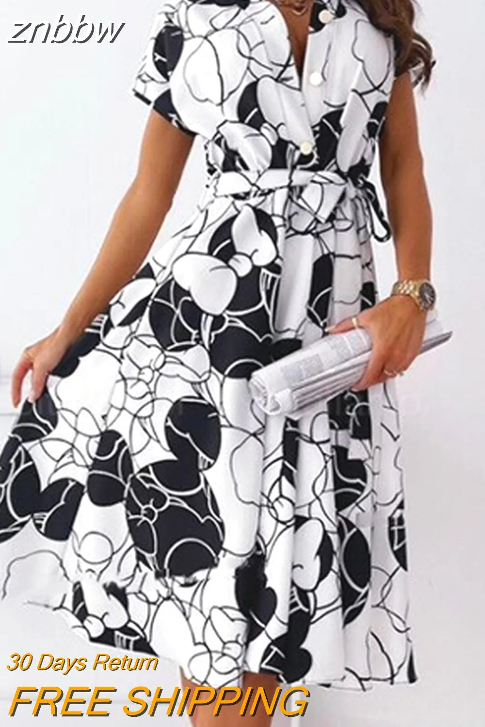 znbbw Women Lace-Up Belt Sundress 2023 Vintage Pattern Print A-Line Midi Beach Dress Sexy V Neck Button Short Sleeve Cover-Ups - Image 2